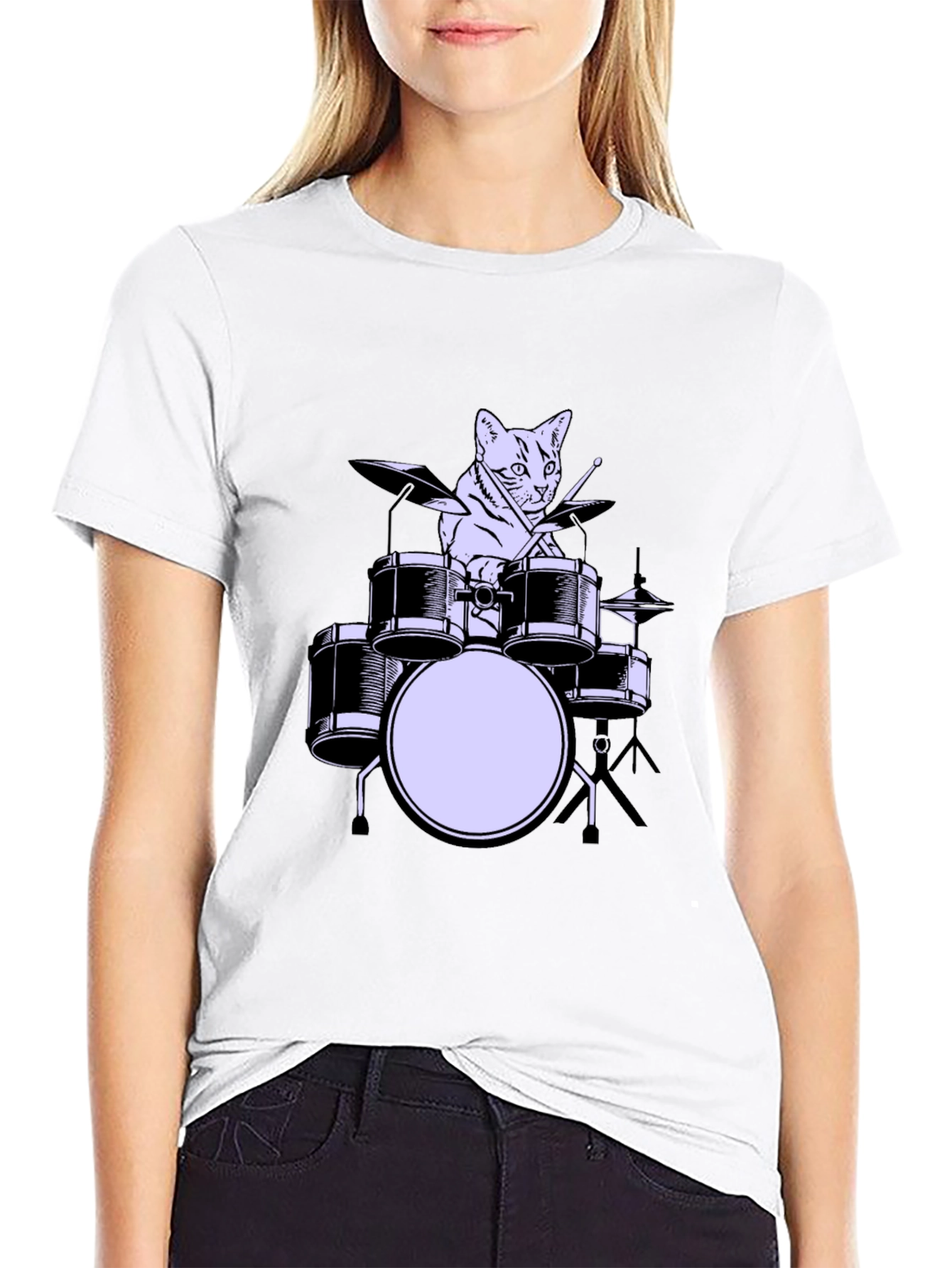 Black Cat Drummer Graphic Tee - Cool Musician Cat Shirt view 9