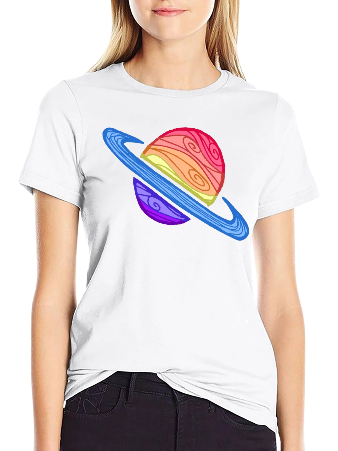 Black Cartoon Planet Graphic Tee - Black Crew Neck T-Shirt view 9