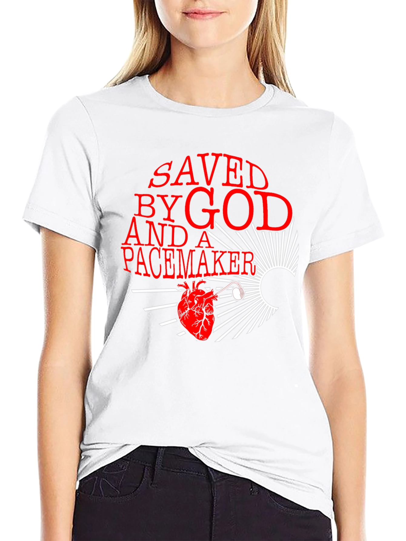 Black Saved By God and a Pacemaker Graphic T-Shirt view 9