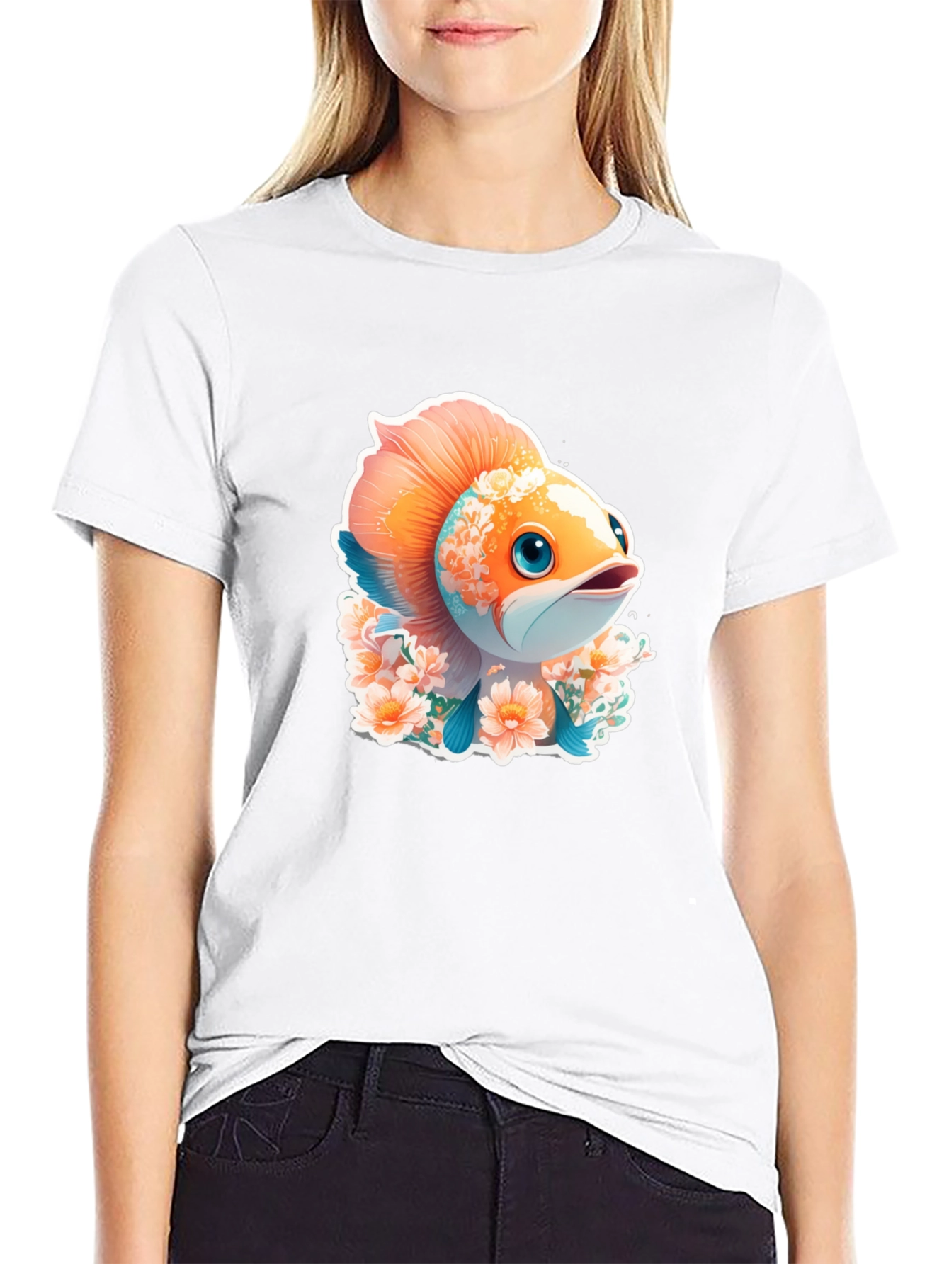 Black Cute Fish Floral Graphic Tee - Unique Design view 9