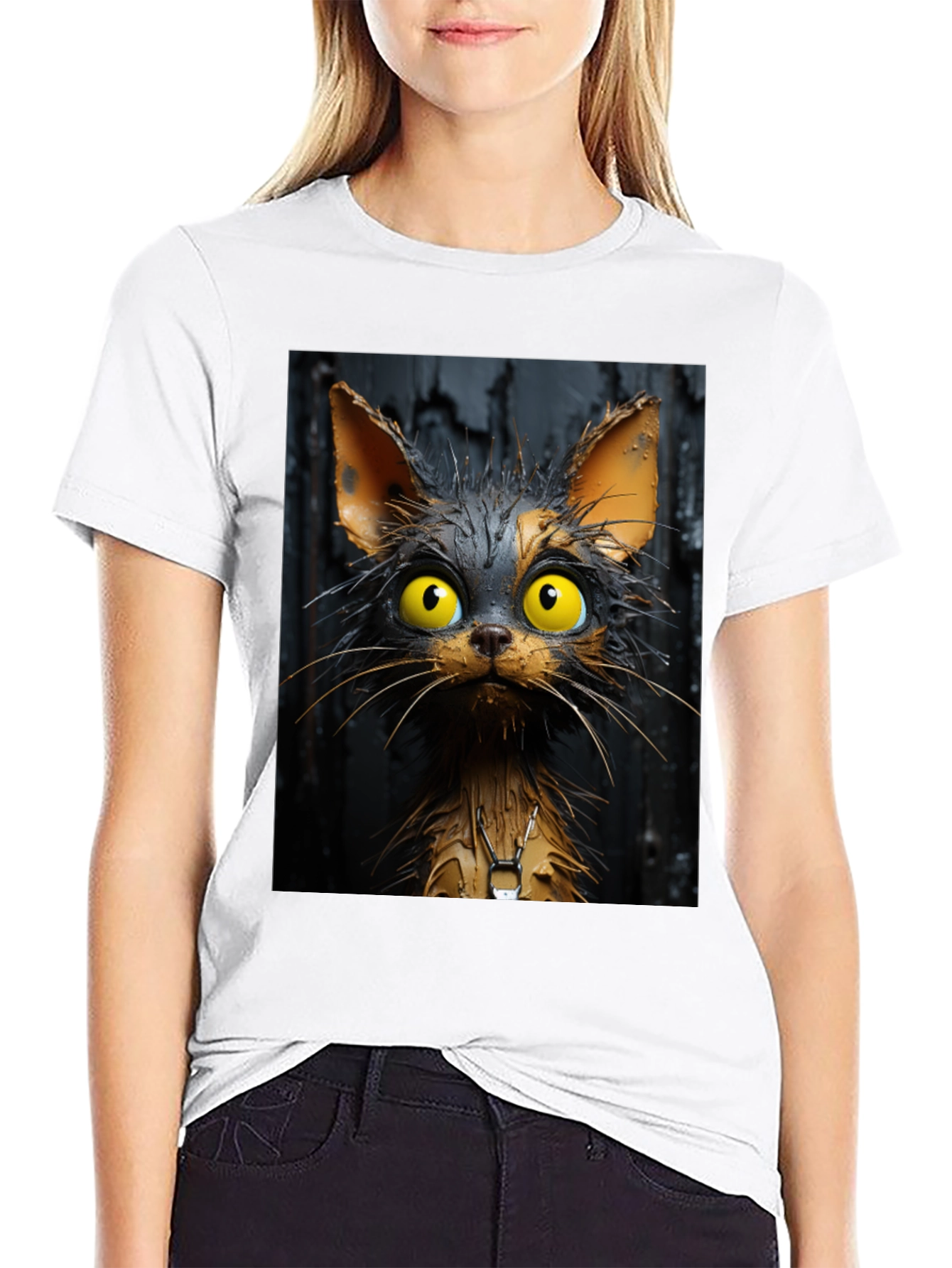 Black Cartoon Cat Graphic Tee - Unisex Black T-Shirt view 9