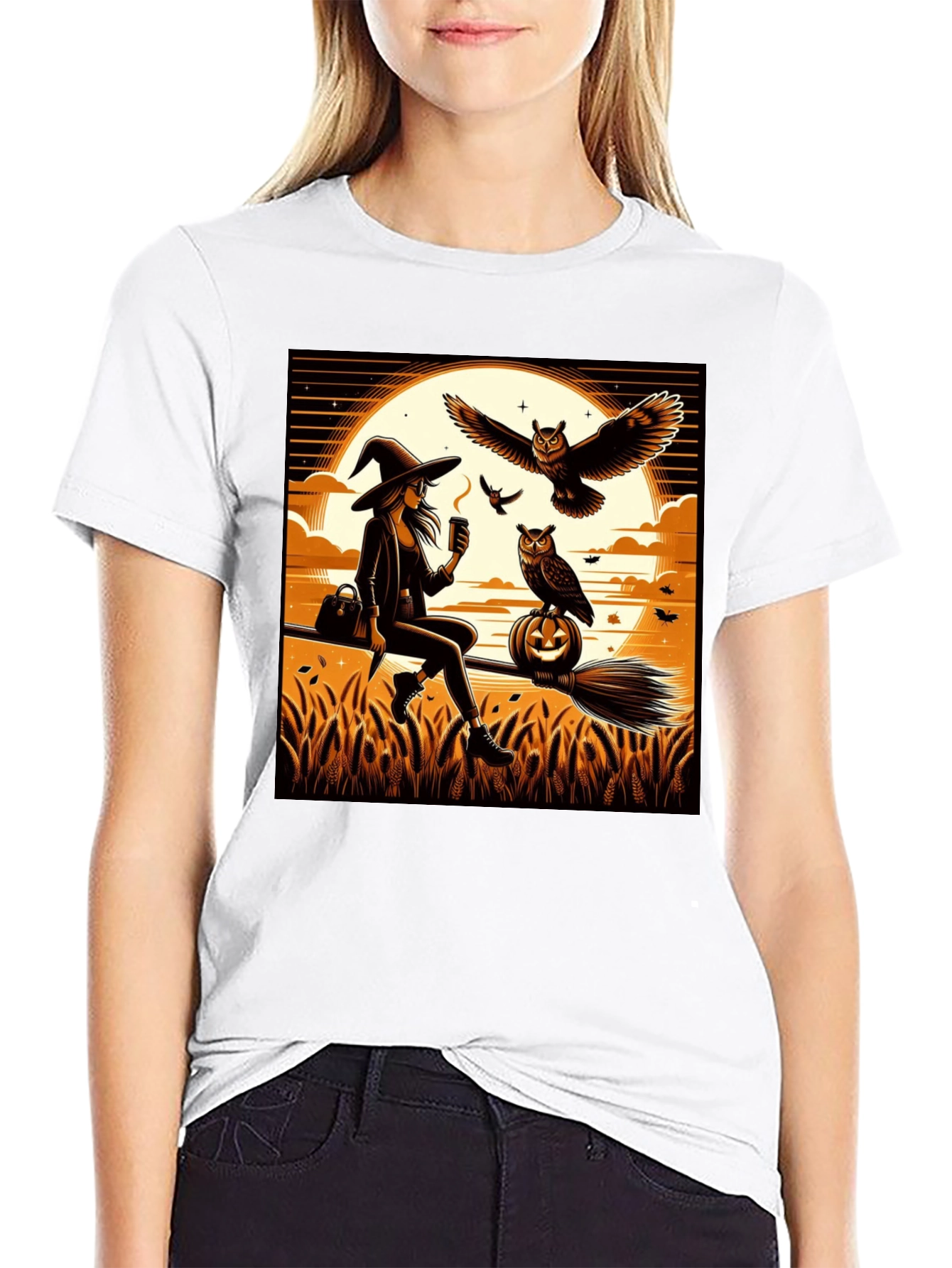 Black Witch & Owl Halloween T-Shirt view 9