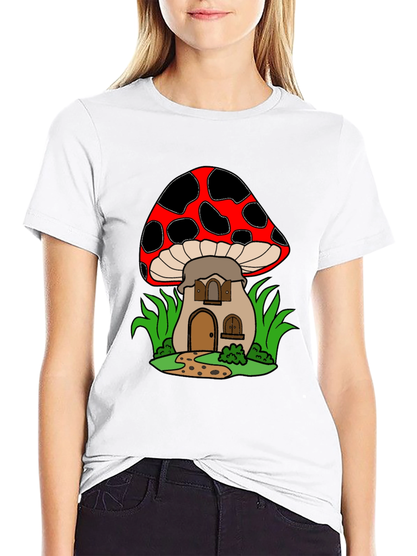 Black Mushroom House Graphic Tee - Quirky Black T-Shirt view 9