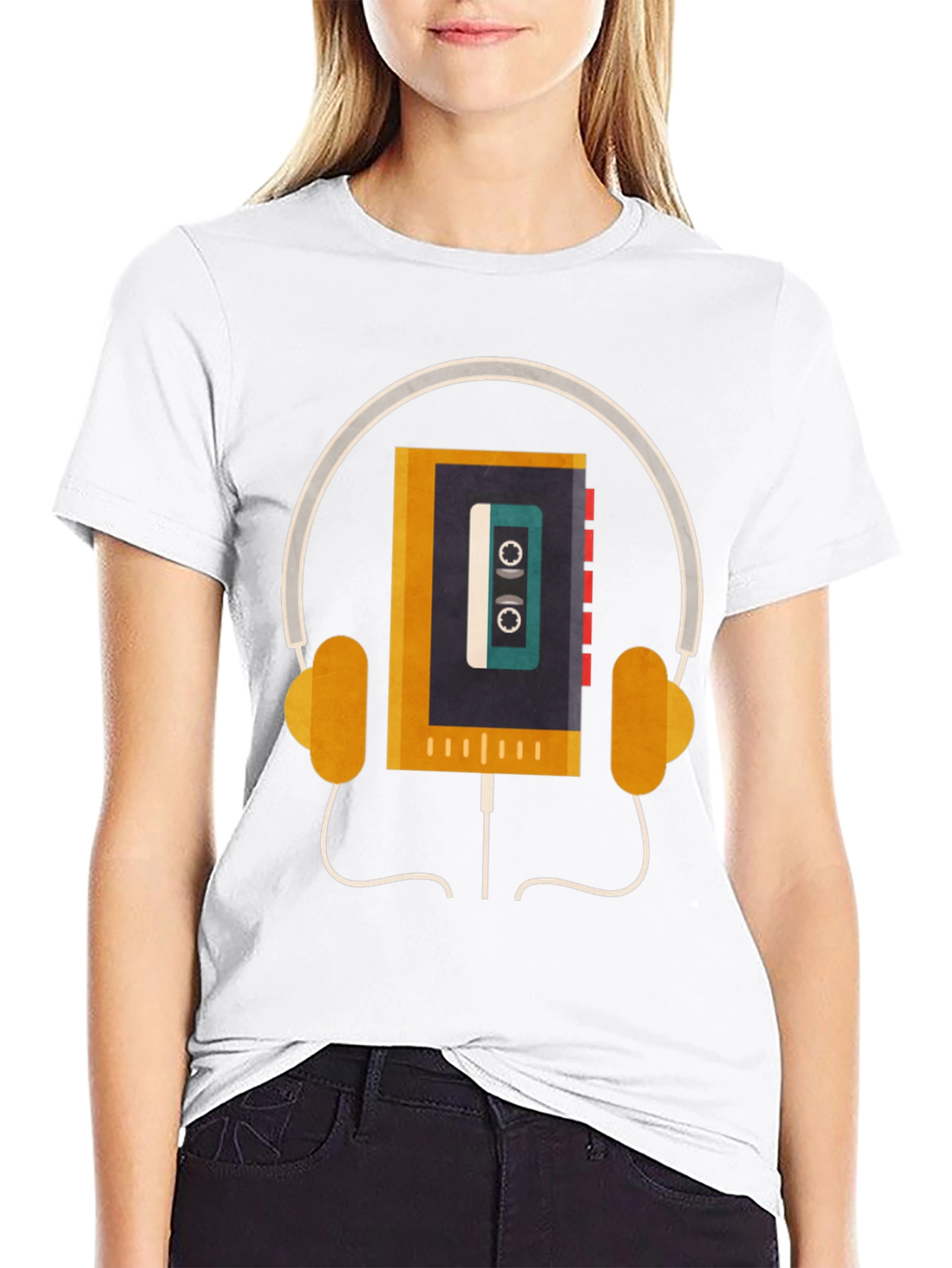 Black Retro Cassette Player Headphones Graphic Tee view 9