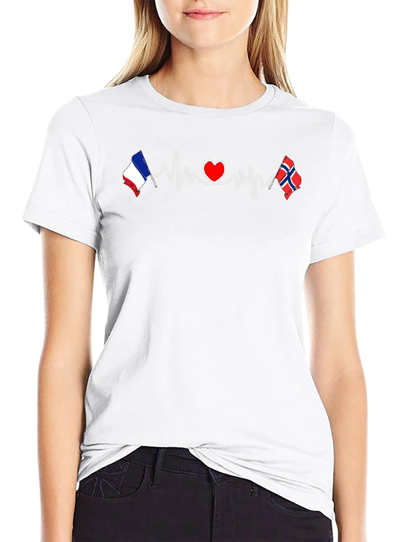 France Norway Love Heartbeat T-Shirt - 9