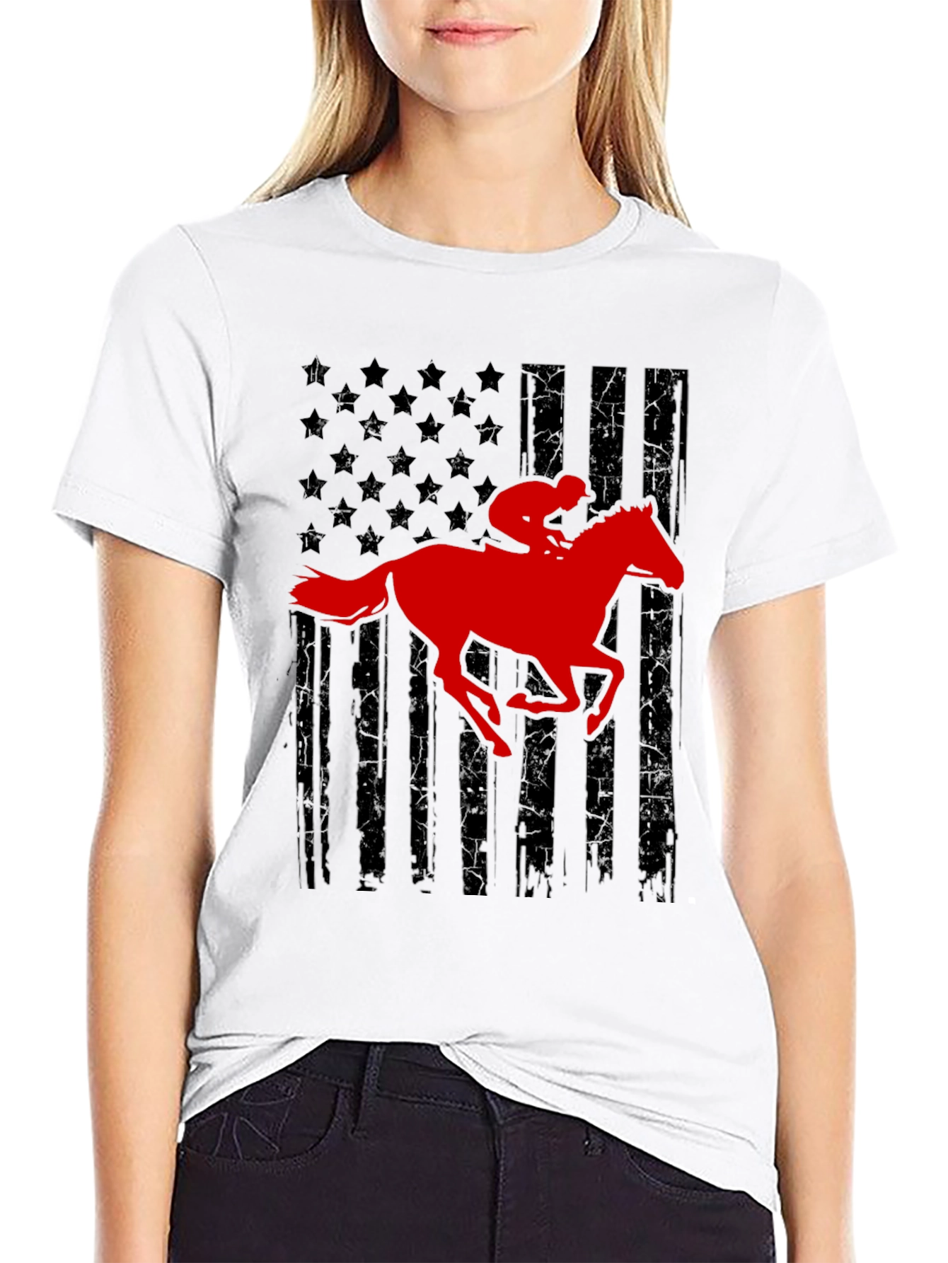 Black American Flag Horse Racing T-Shirt view 9