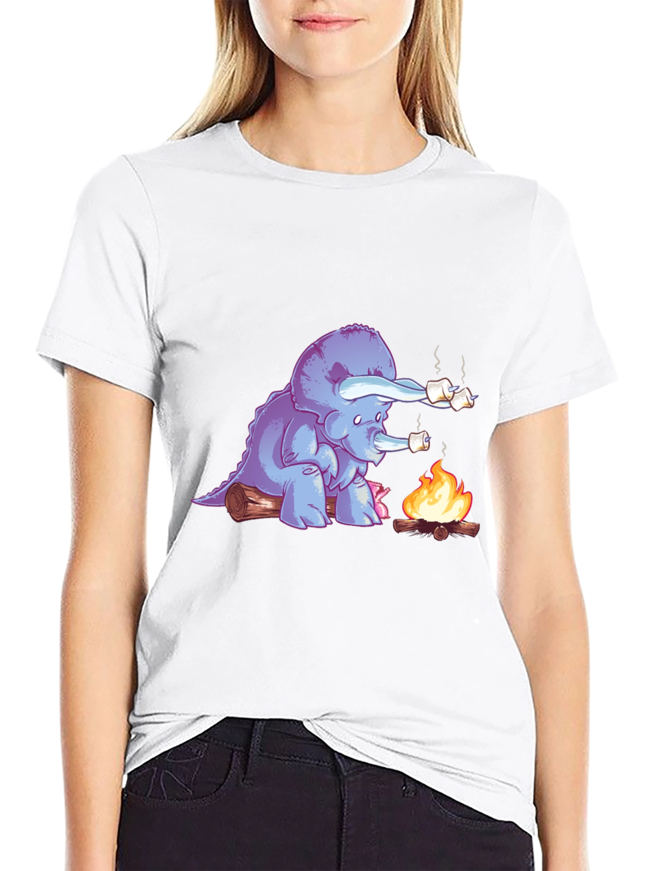 Black Dino Campfire T-Shirt - Marshmallow Roasting Triceratops  view 9