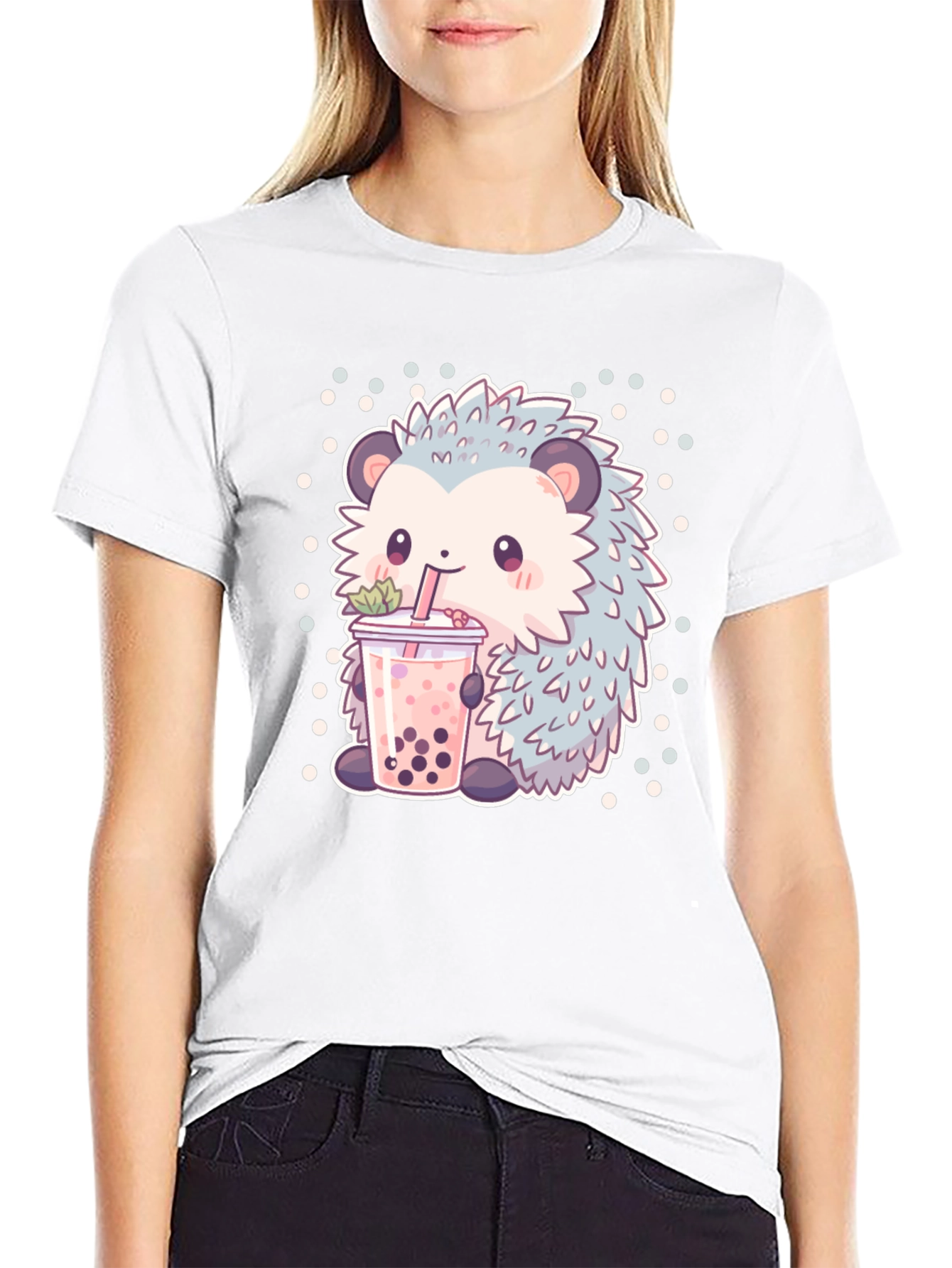 Black Cute Hedgehog Boba Tea T-Shirt view 9