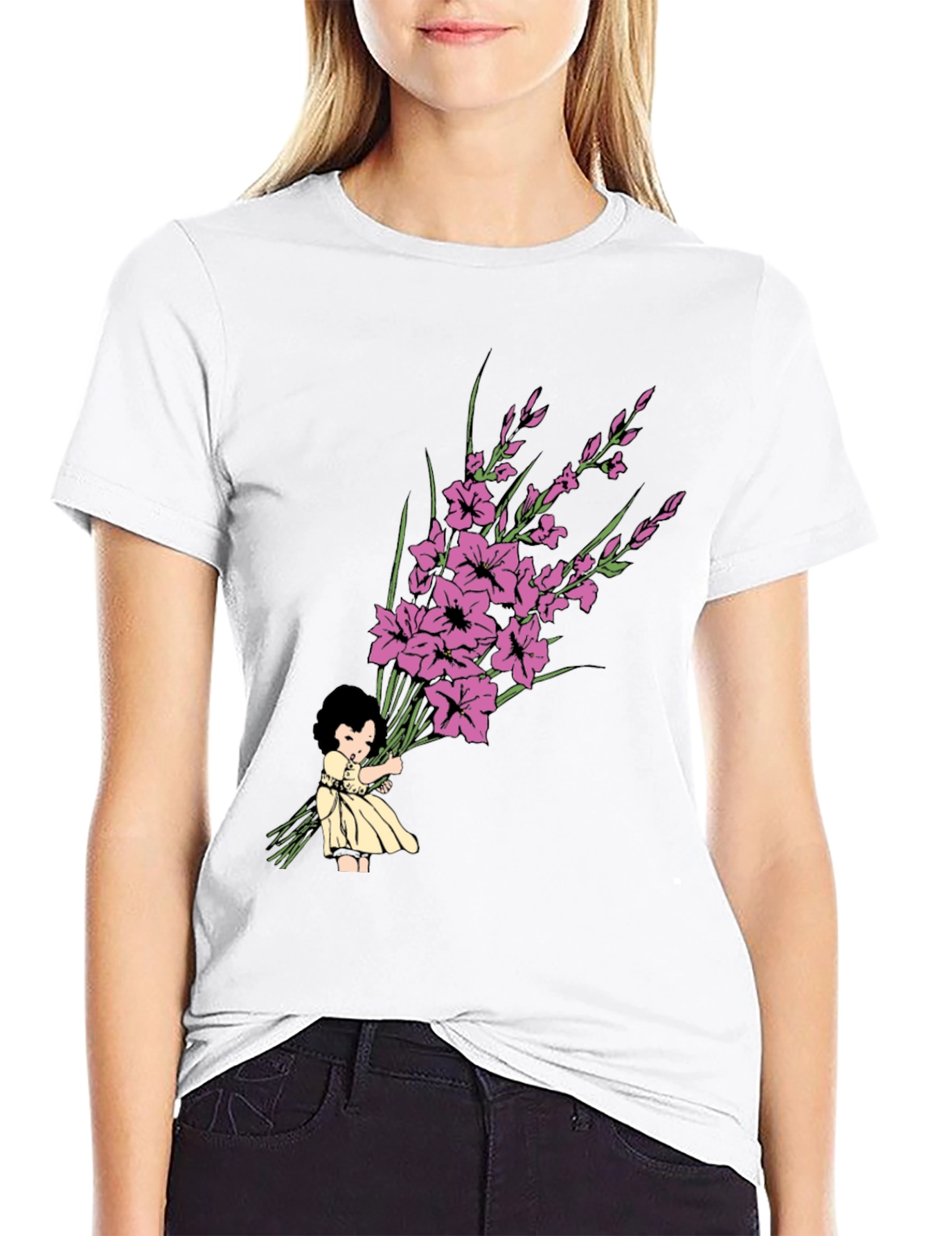 Girl Holding Flower Bouquet Graphic Tee - 9