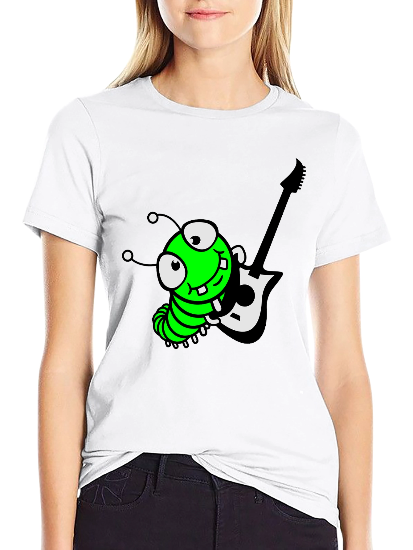 Black Cartoon Caterpillar Guitarist Graphic Tee view 9
