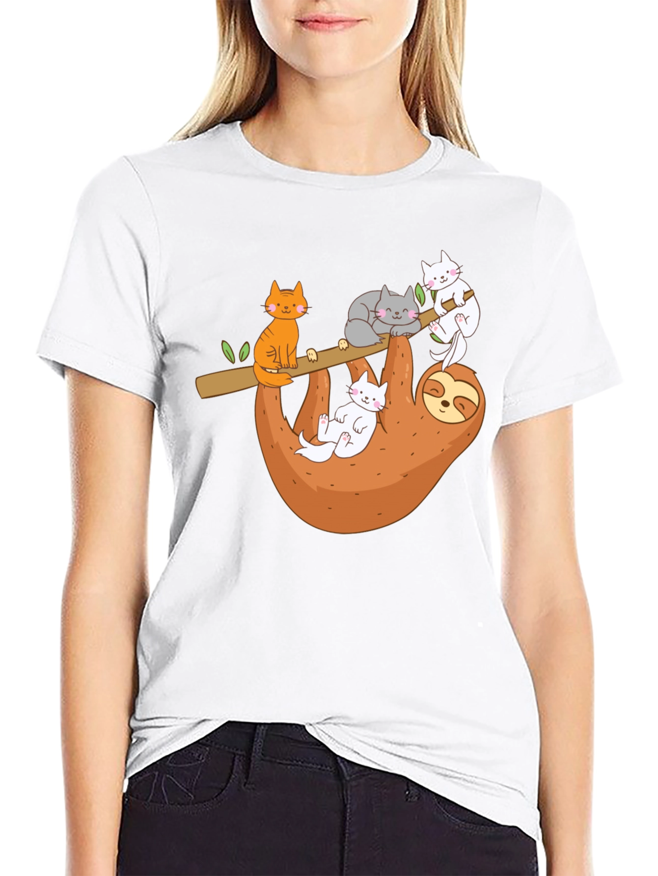 Black Sloth & Cats Graphic Tee - Relaxed Style view 9