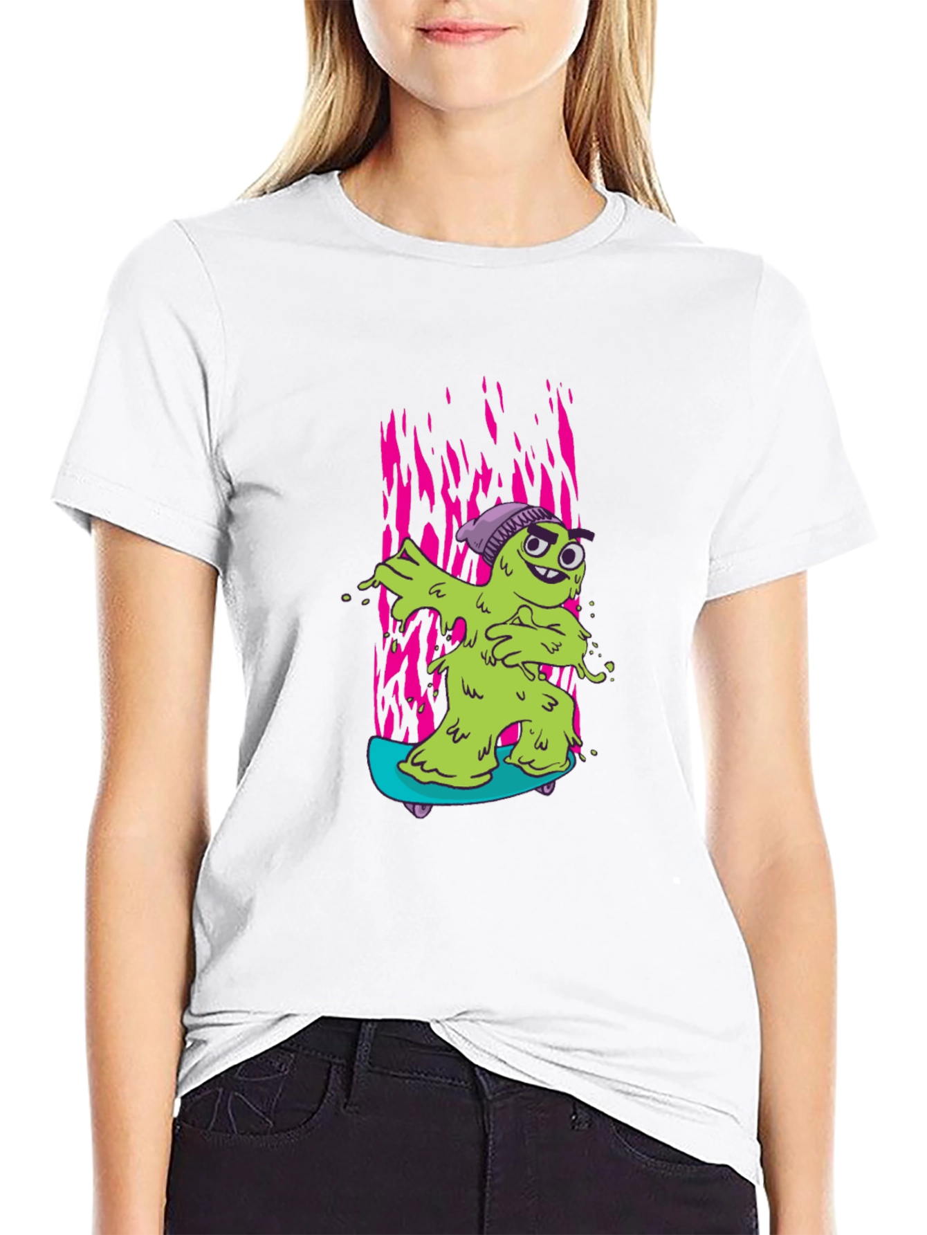 Black Cartoon Slime Monster Skateboard Graphic T-Shirt view 9