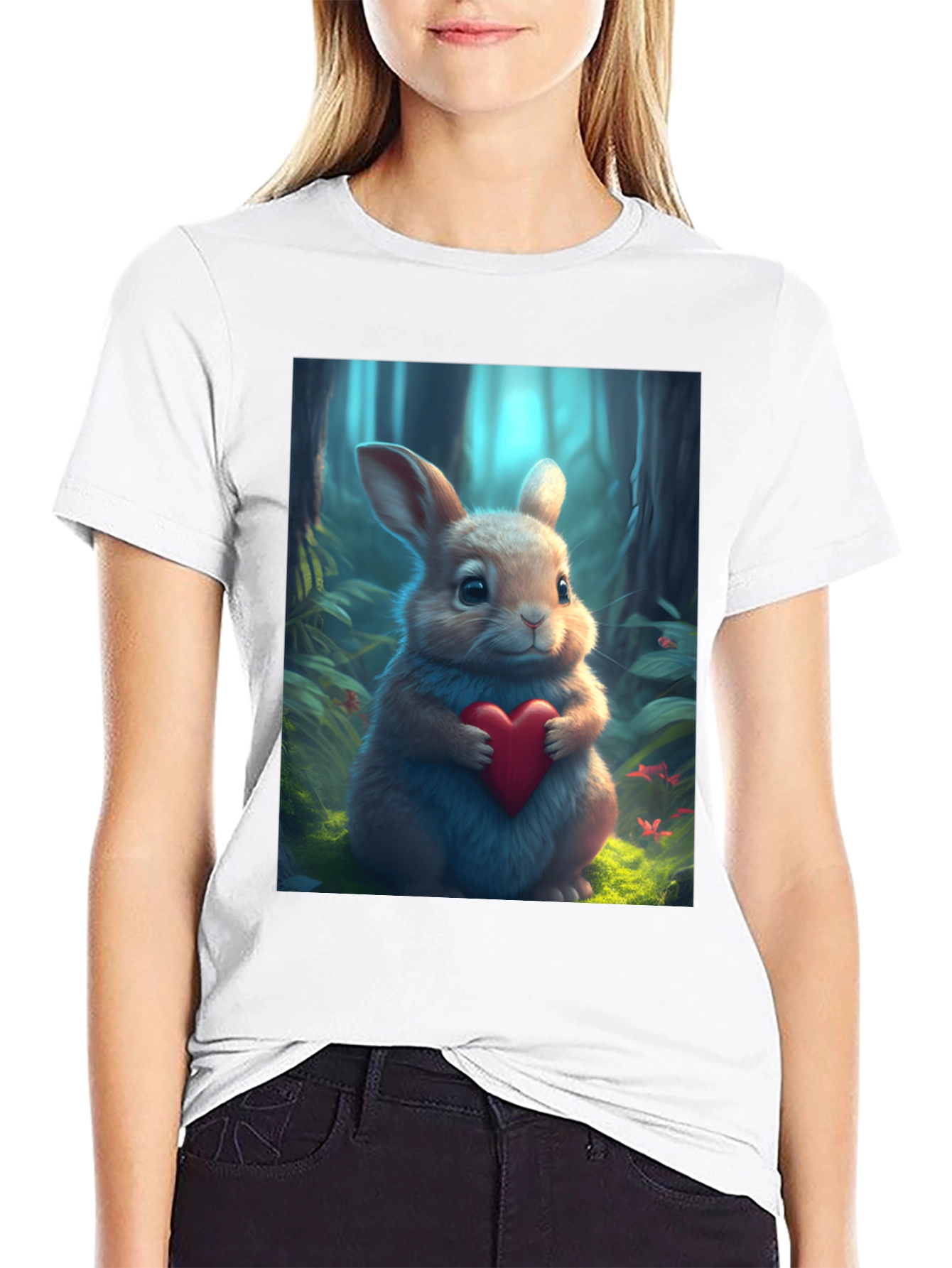 Black Cute Bunny Heart Graphic Tee - Soft Black Cotton Blend view 9