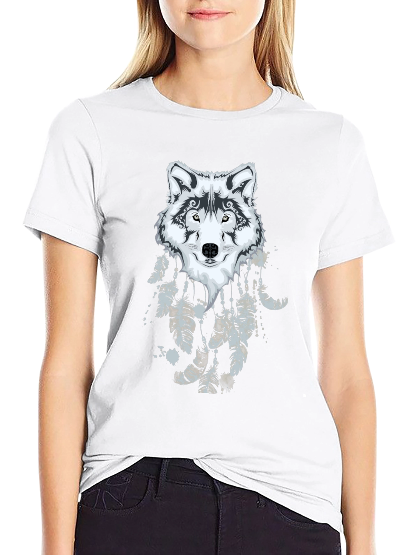 Black Wolf Dreamcatcher Graphic Black T-Shirt view 9