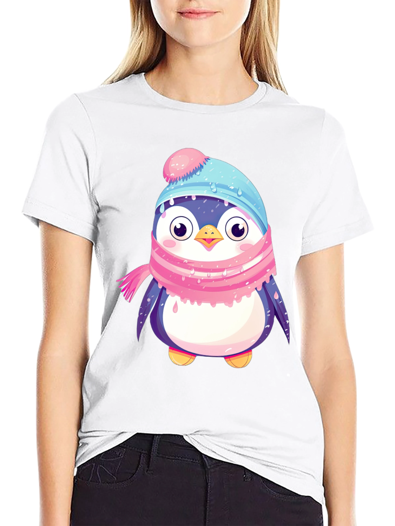 Black Cute Penguin Winter Hat Scarf T-Shirt view 9