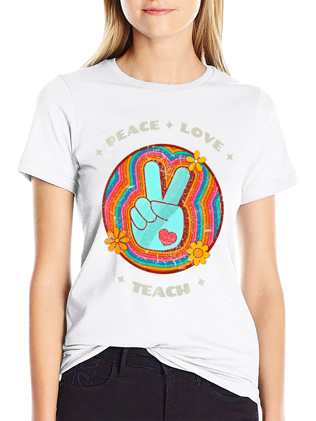 Black Peace Love Teach Retro T-Shirt view 9