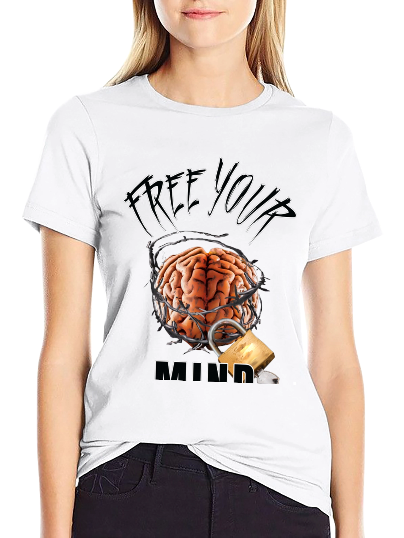 Black Free Your Mind Graphic Tee - Brain & Lock Design view 9