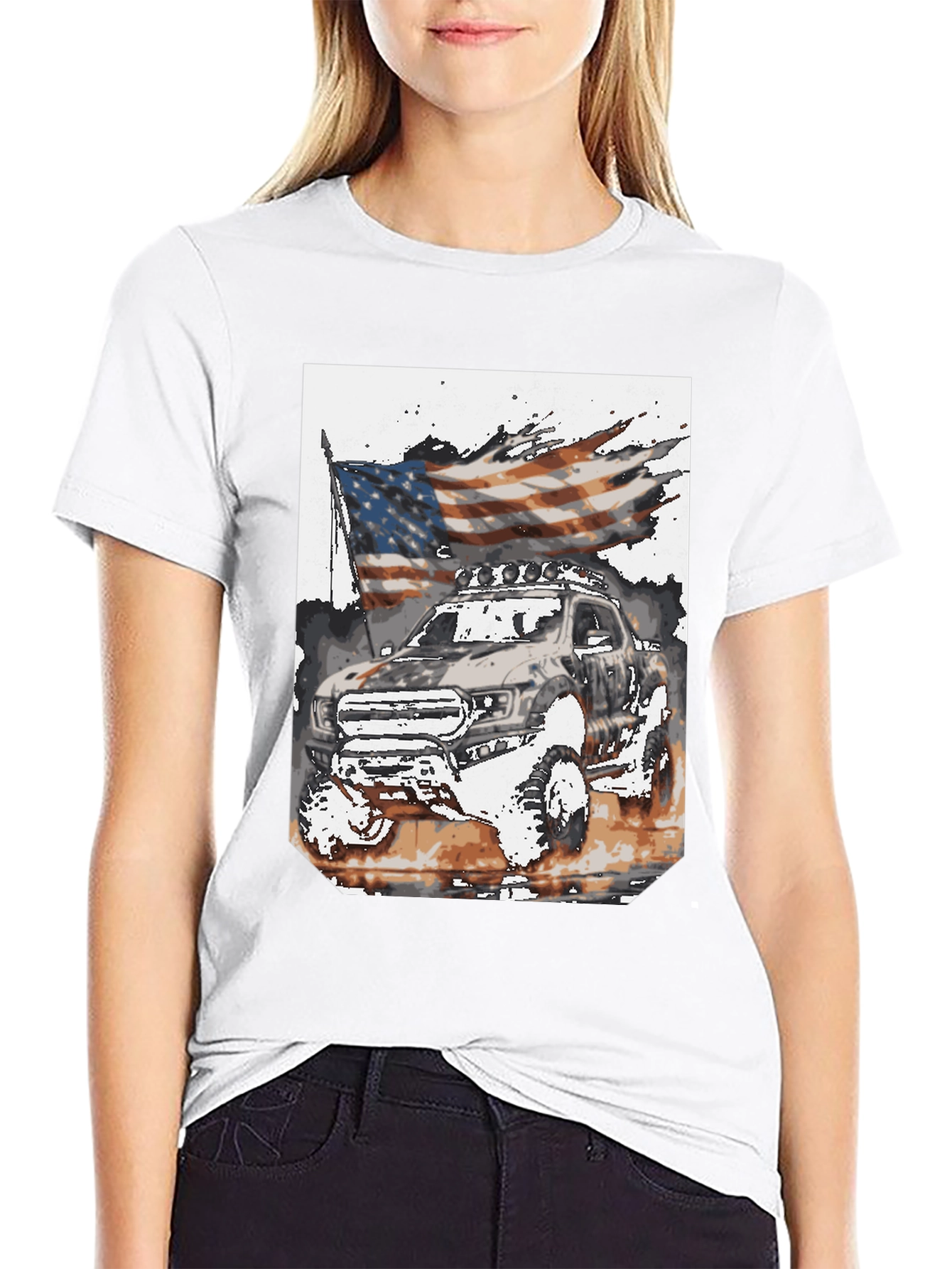 Black American Flag Truck Graphic Tee view 9
