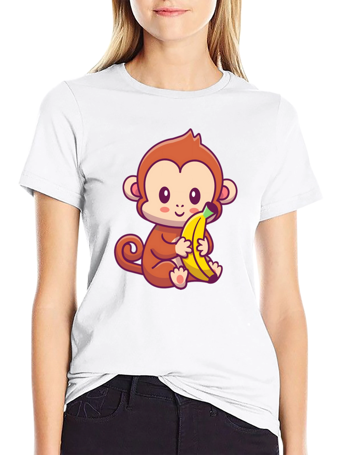 Cute Monkey Banana Graphic Black T-Shirt - 9