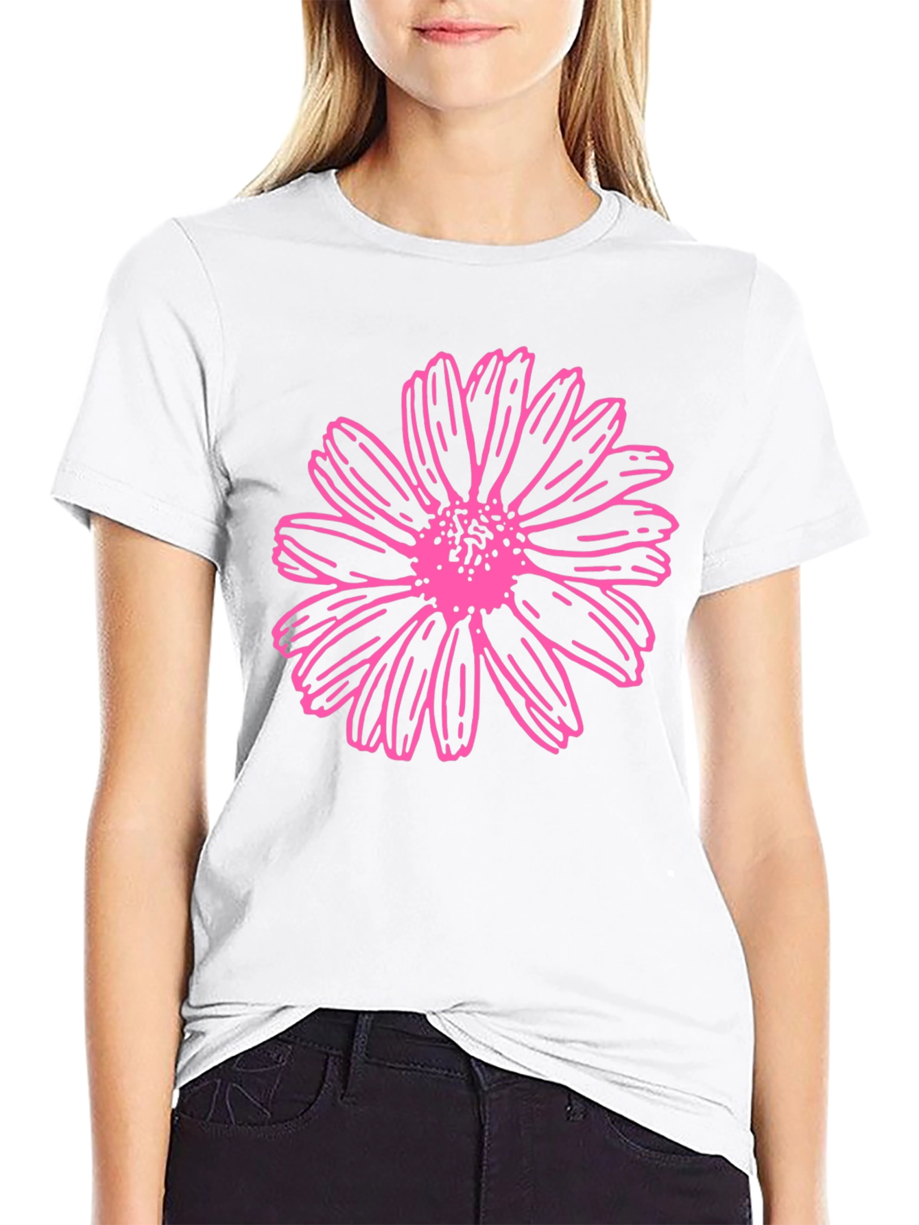 Black Pink Daisy Graphic T-Shirt - Black Cotton Blend view 9