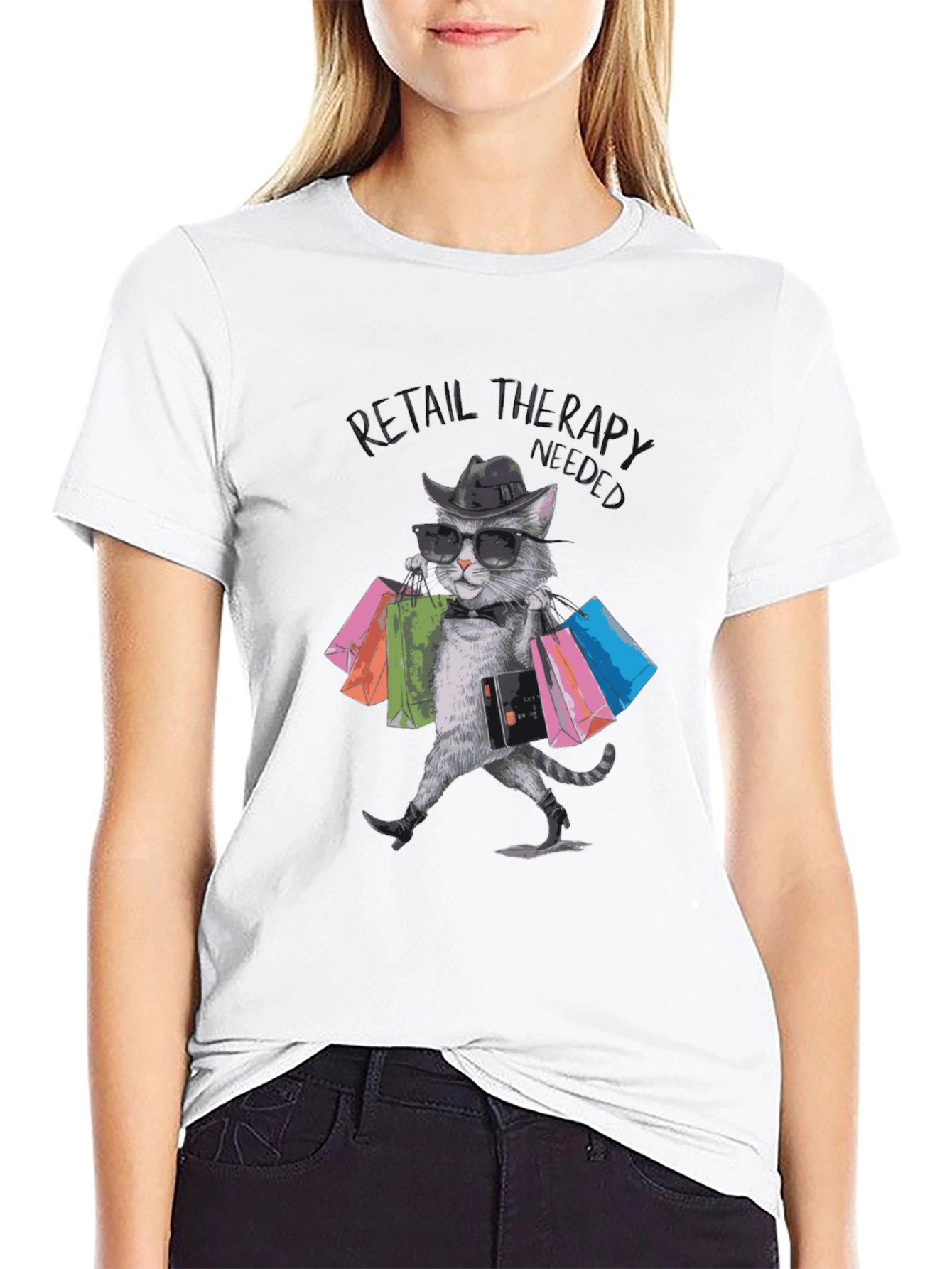 Black Retail Therapy Cat T-Shirt view 9