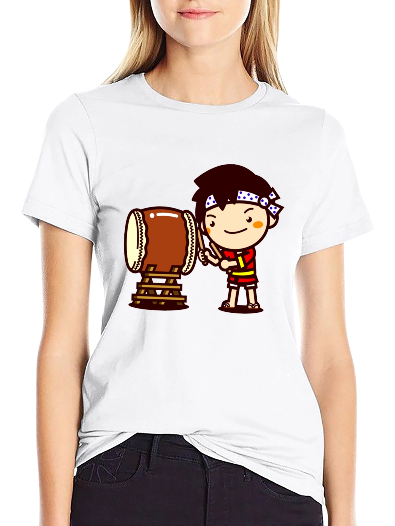 Black Black T-Shirt with Drummer Cartoon Graphic view 9