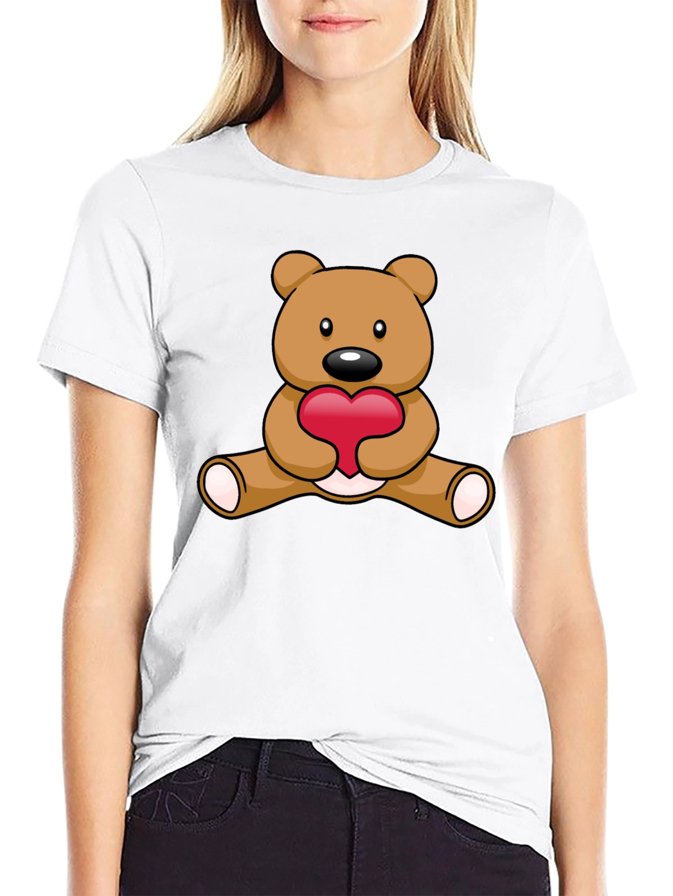 Black Cute Teddy Bear Heart Graphic T-Shirt view 9
