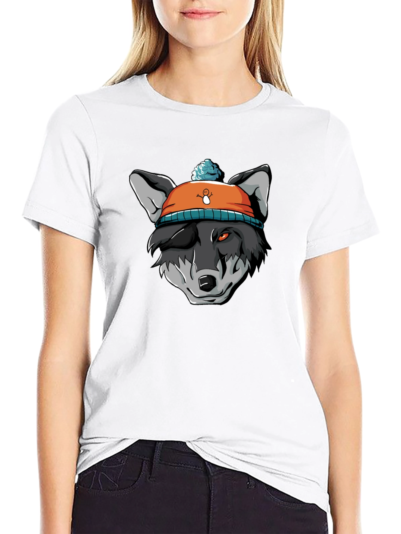 Black Wolf in Beanie Black T-Shirt - Unique Graphic Tee view 9