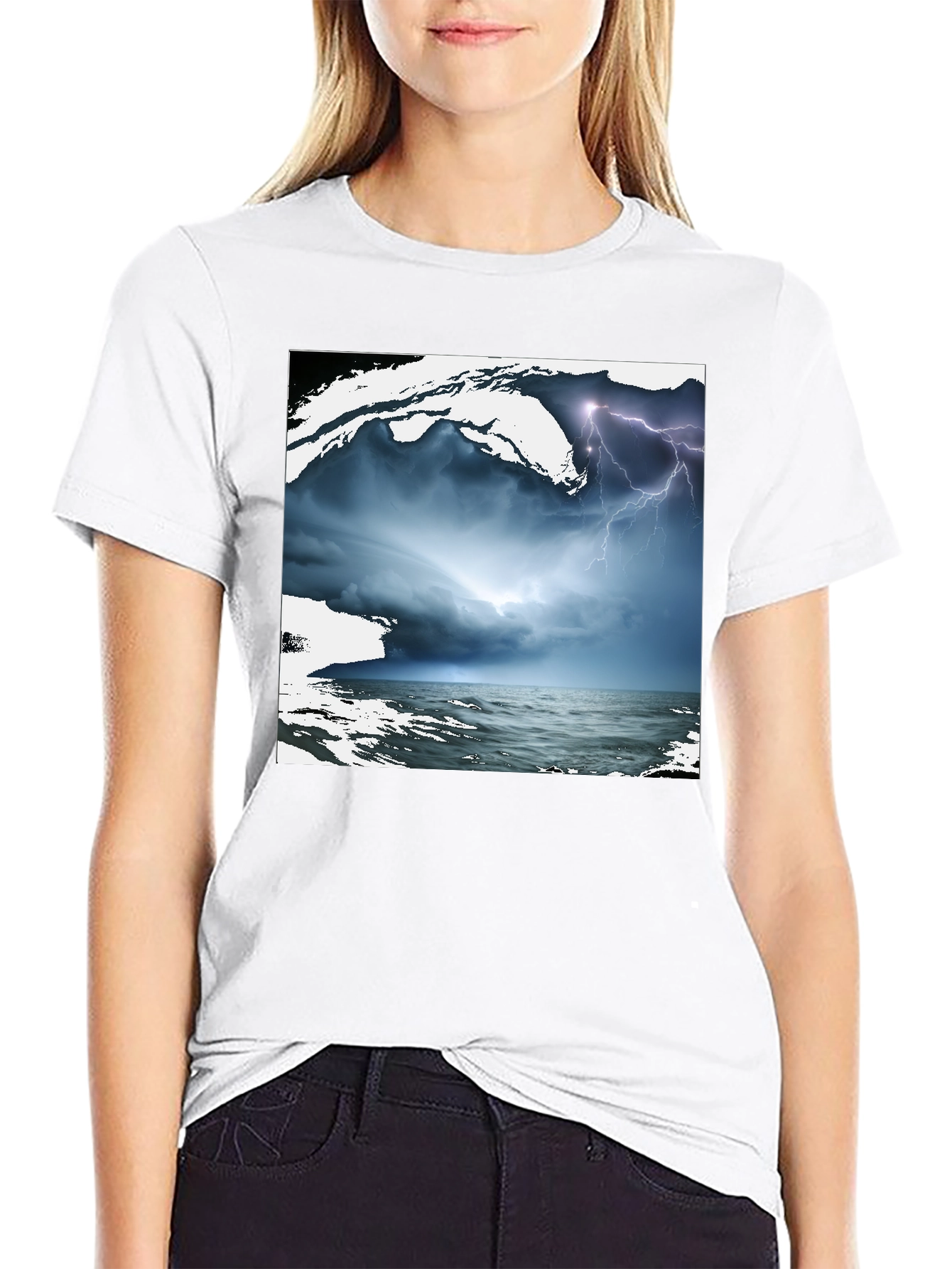 Black Stormy Sea Graphic Tee - Black Cotton T-Shirt view 9
