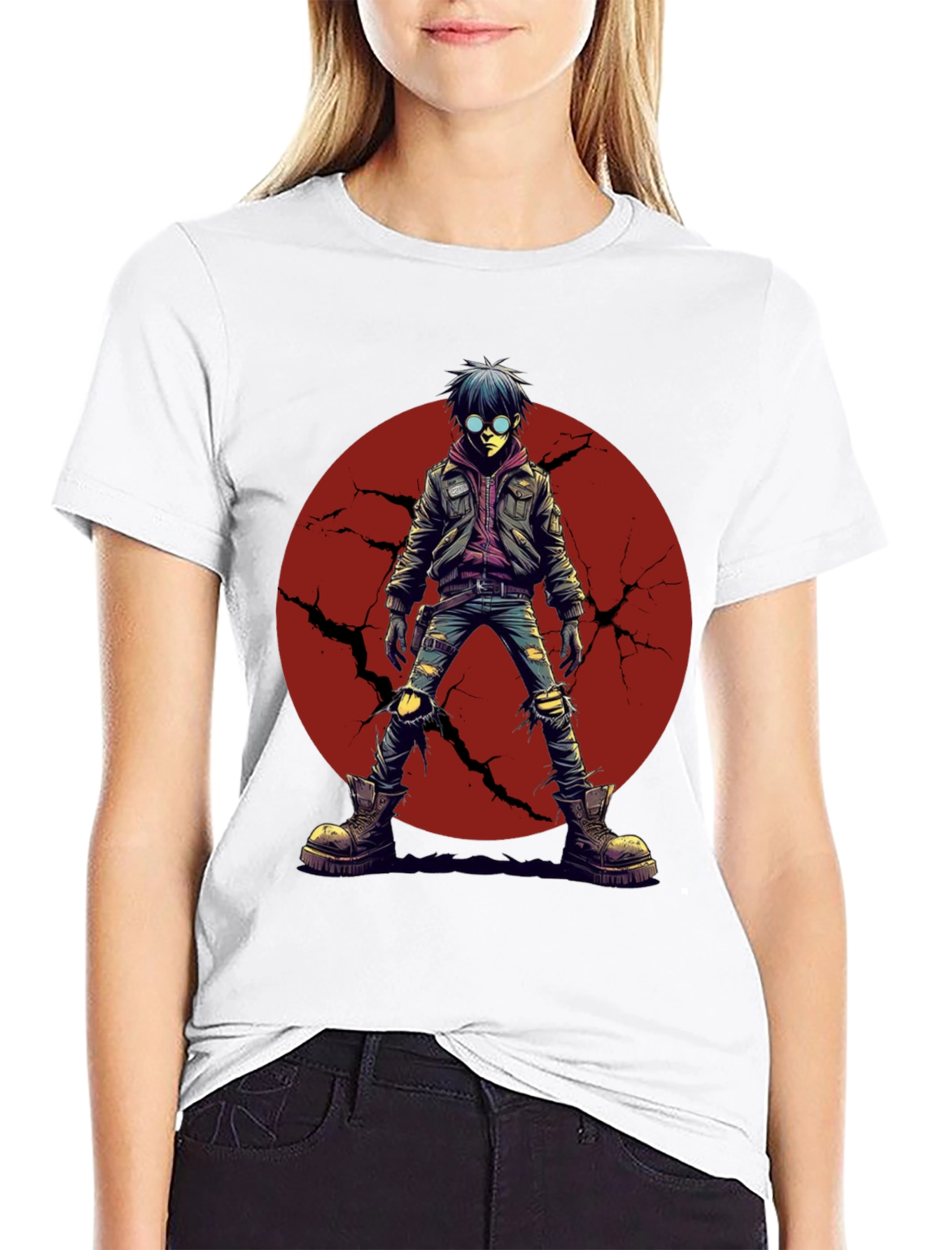 Black Graphic Tee: Anime Punk Character on Black Shirt view 9