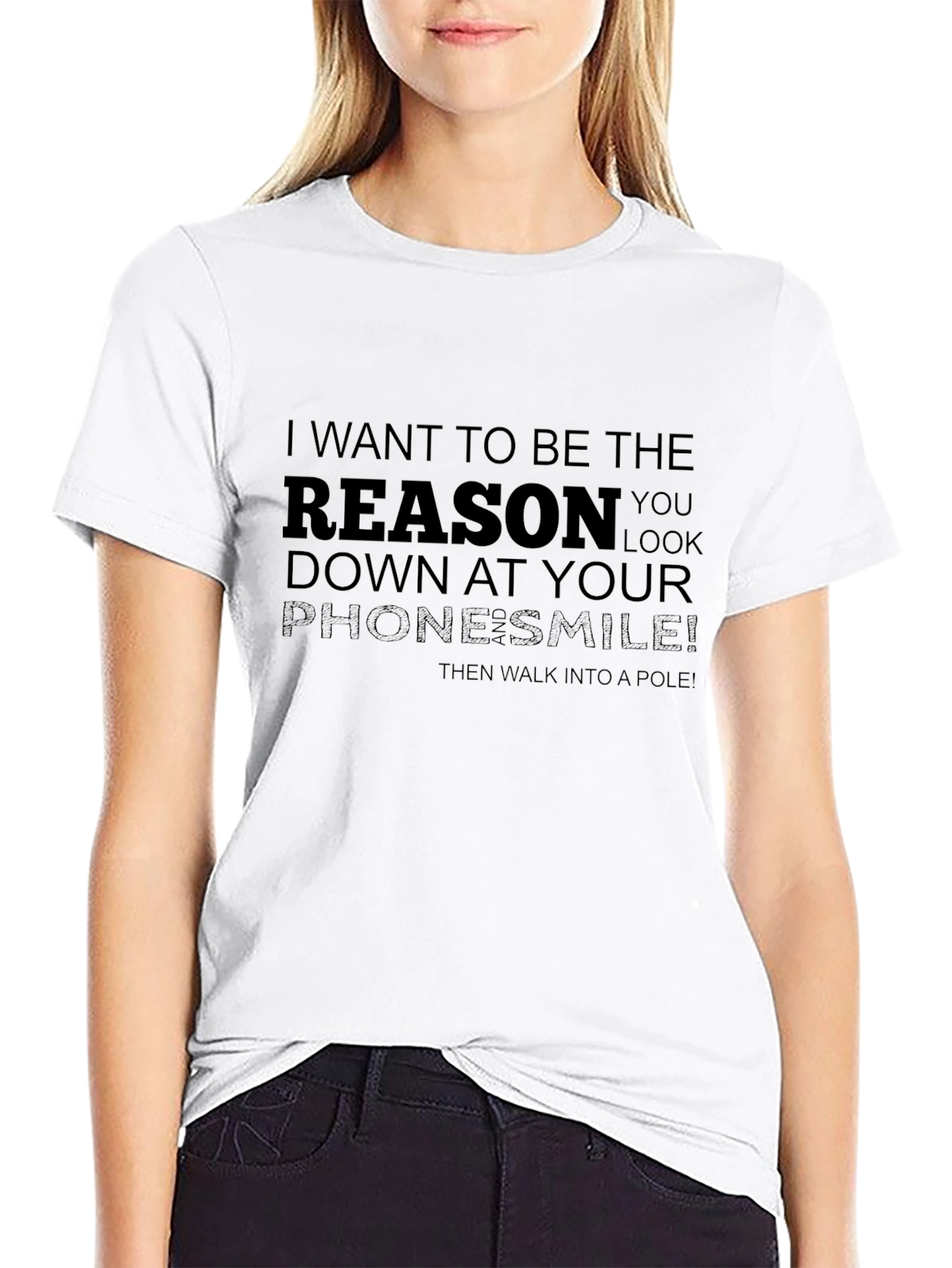 Black Humorous "Reason You Look Down" Black T-Shirt view 9