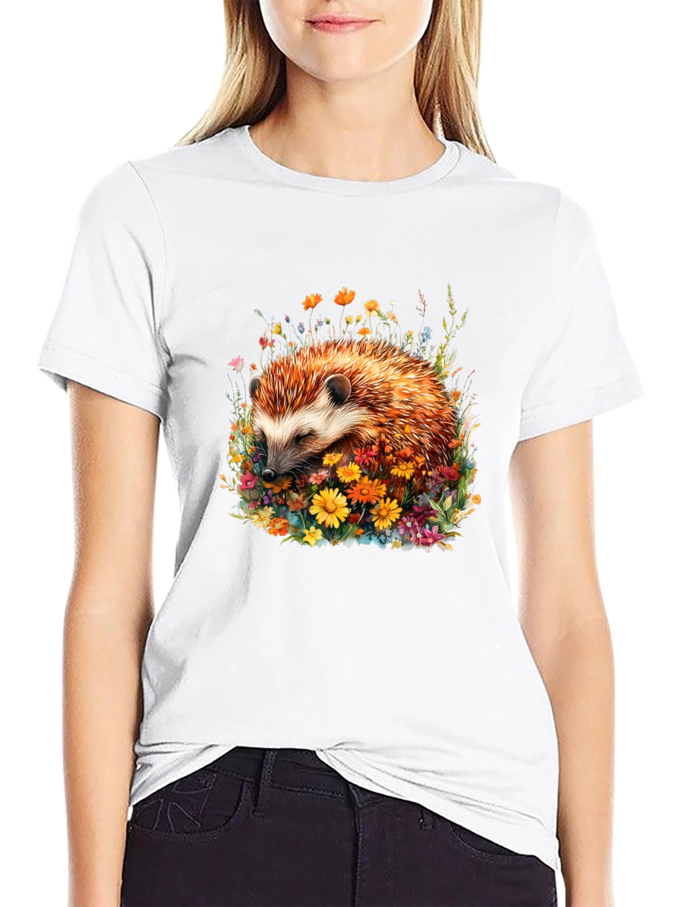 Black Hedgehog in Flowers Graphic Tee view 9