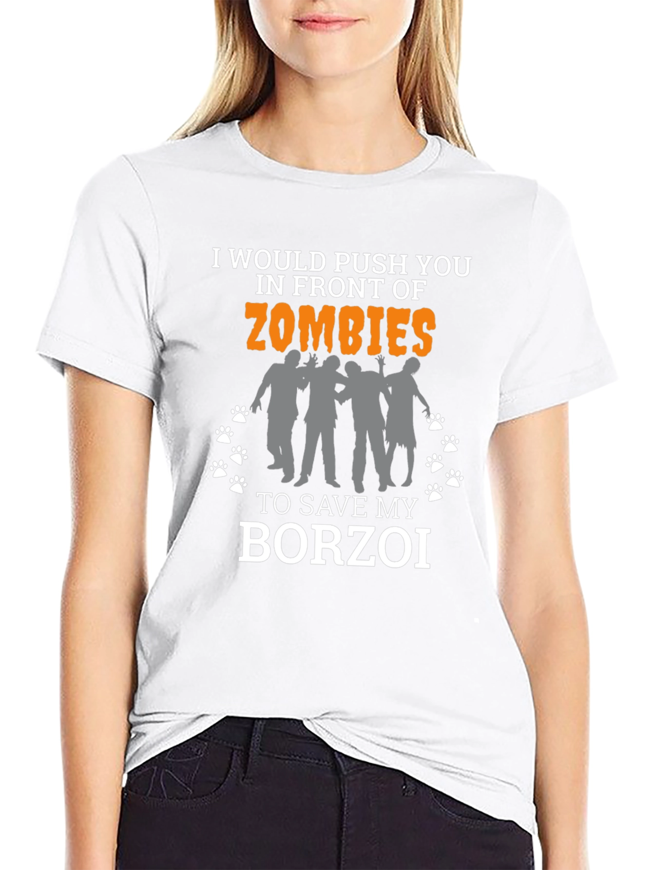Black I'd Push You to Zombies Borzoi T-Shirt view 9