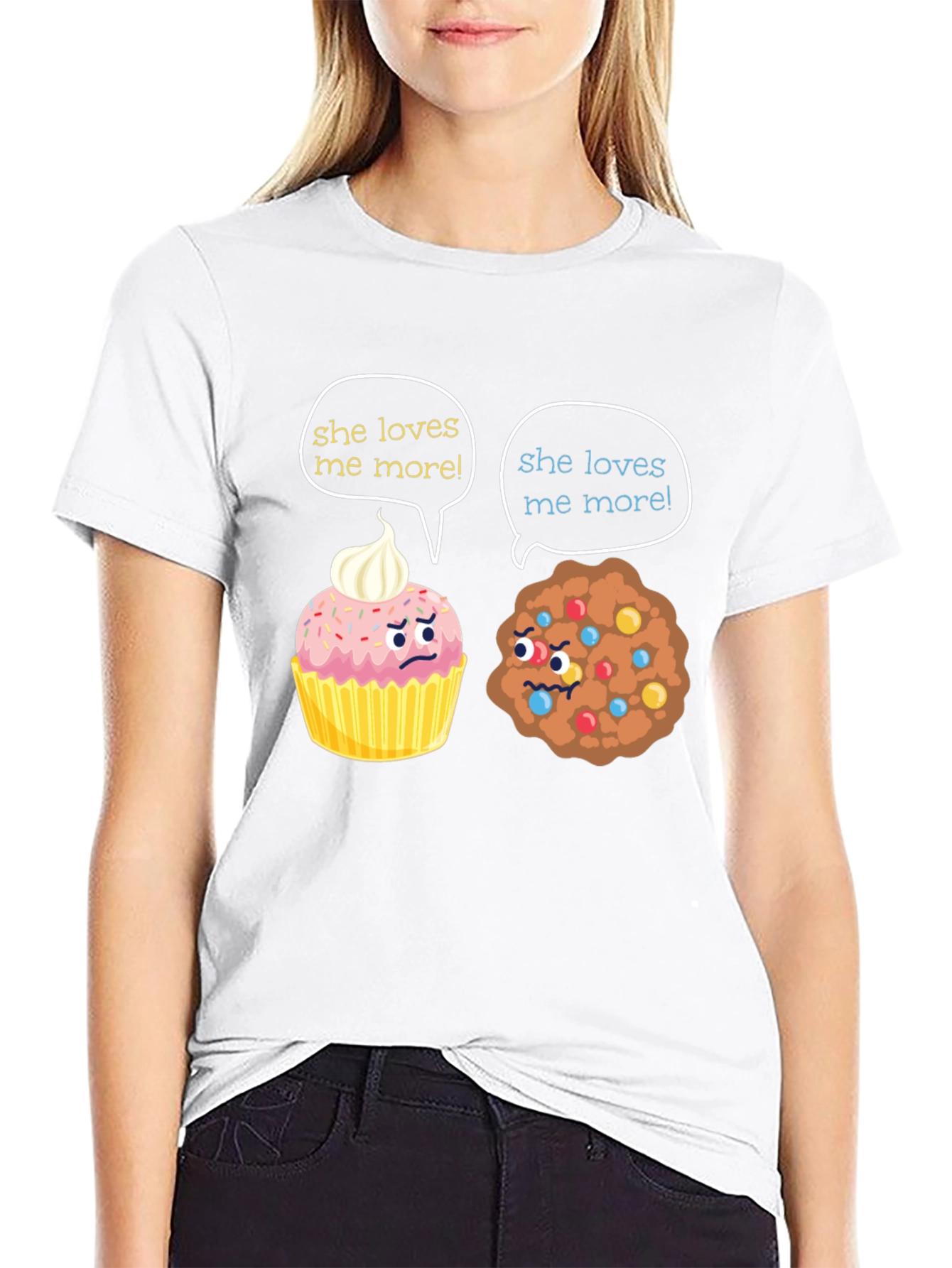 Black Funny She Loves Me More Cupcake vs Cookie T-Shirt view 9