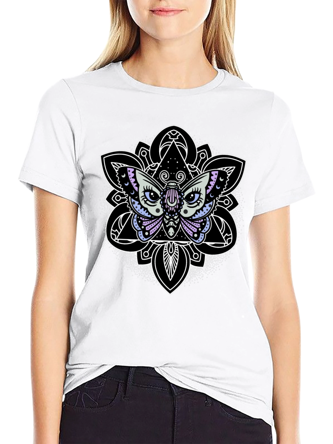 Black Moth Mandala Graphic Tee - Black Cotton T-Shirt view 9