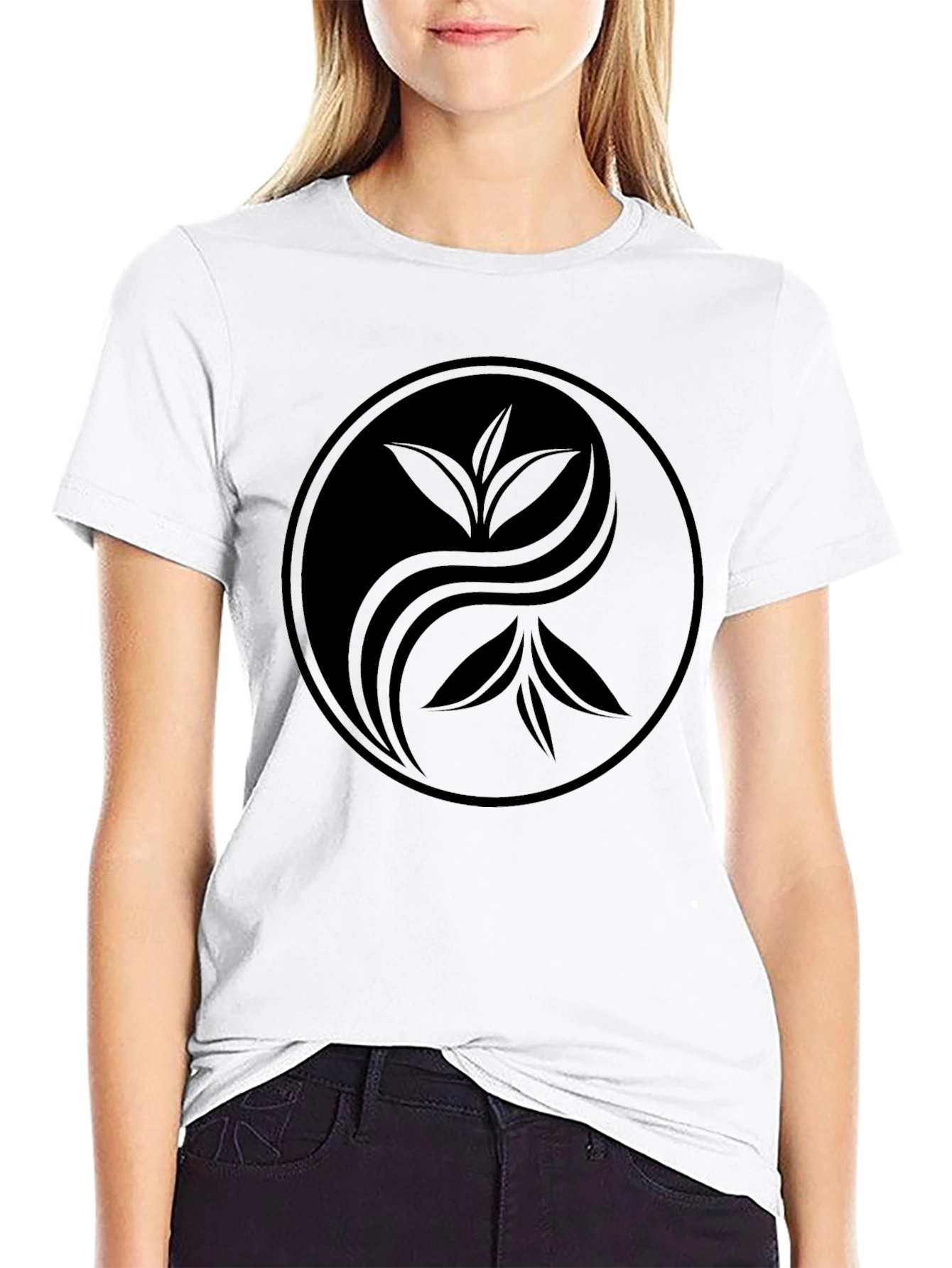 Black Yin Yang Tea Leaf Graphic Tee - Soft Black Cotton view 9