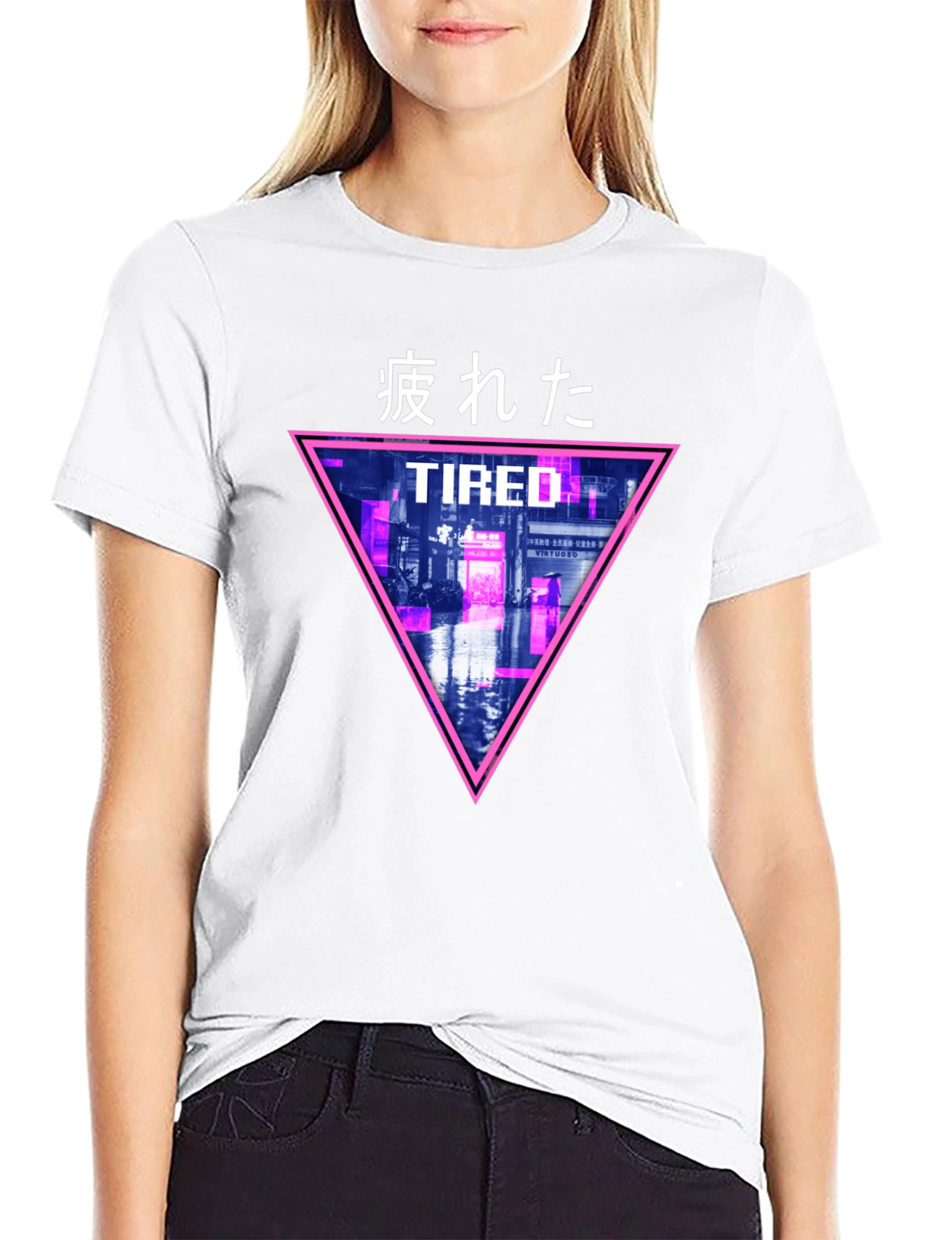 Black Cyberpunk "Tired" Graphic T-Shirt view 9