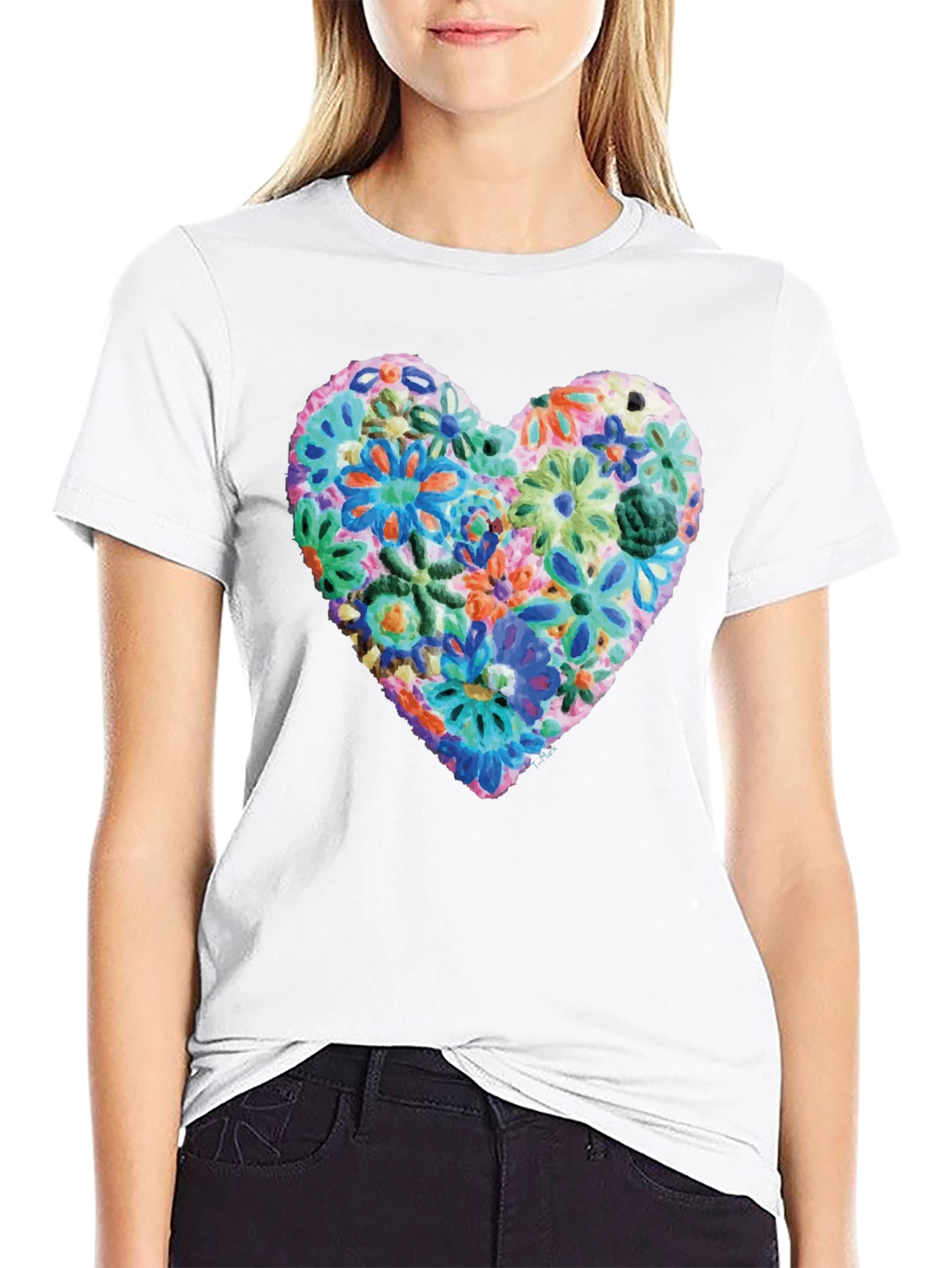 Black Floral Heart Graphic Print Crewneck T-Shirt view 9