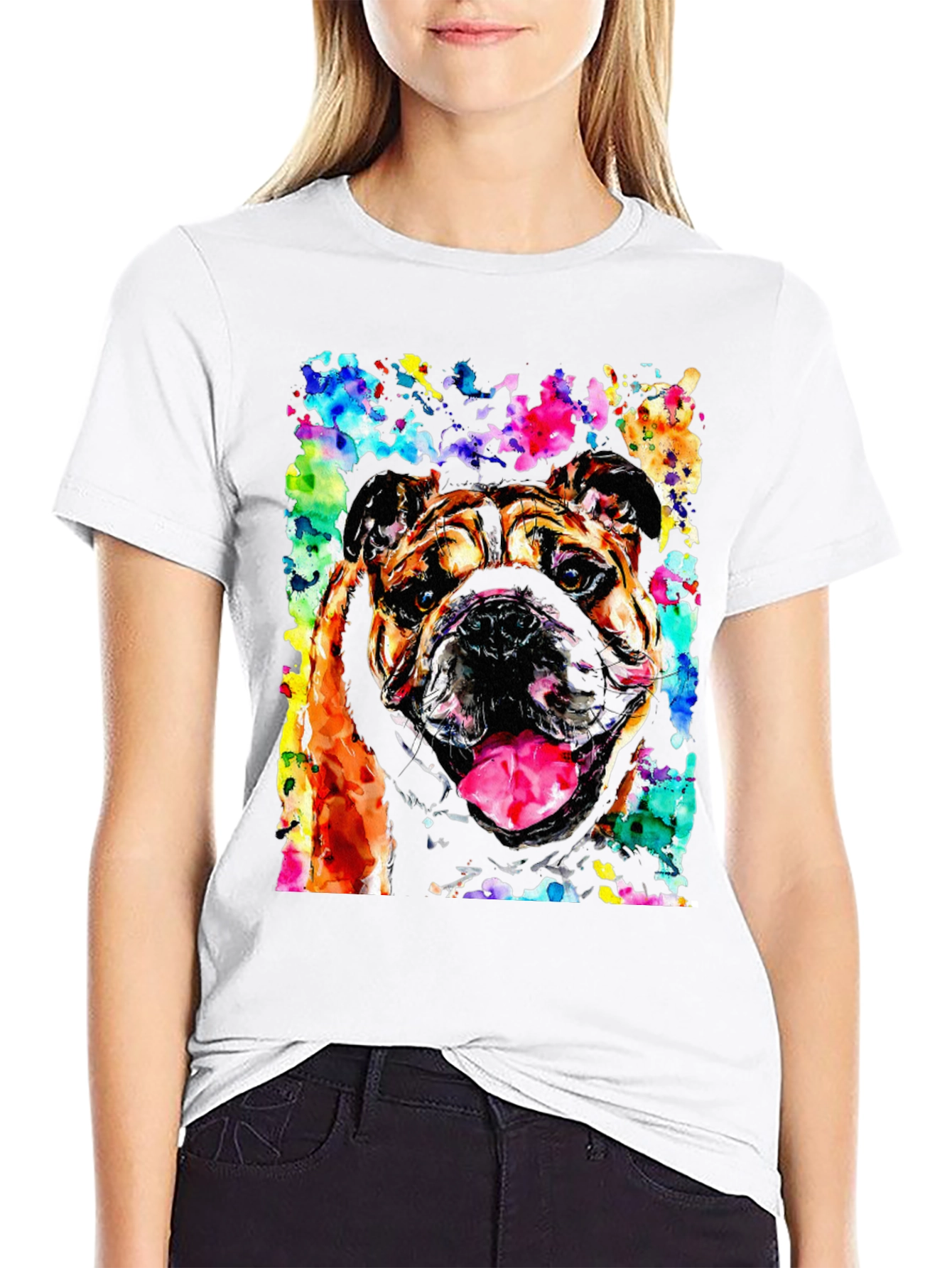 Black Bulldog Watercolor Men's Black T-Shirt view 9