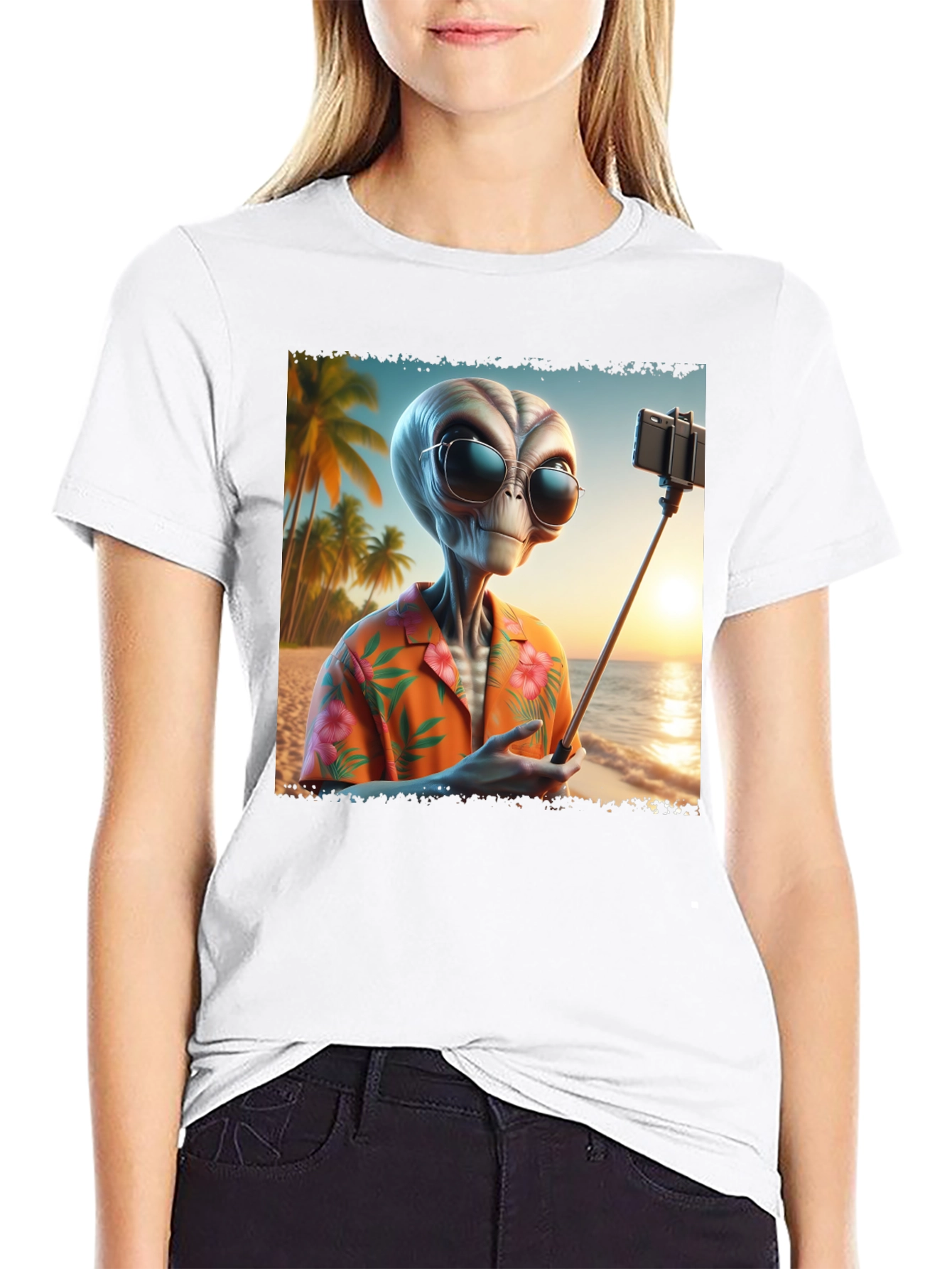 Black Alien Beach Selfie Graphic Tee - Black T-Shirt view 9