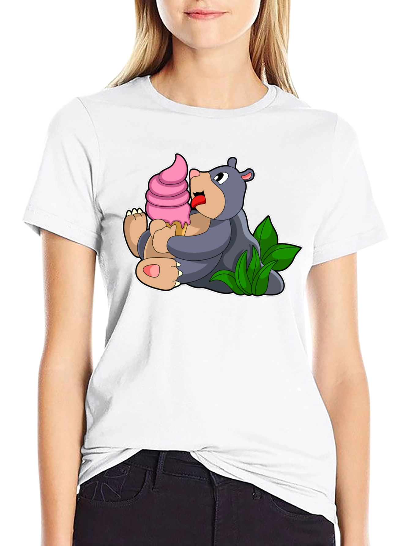 Black Cute Bear Eating Ice Cream Black T-Shirt view 9