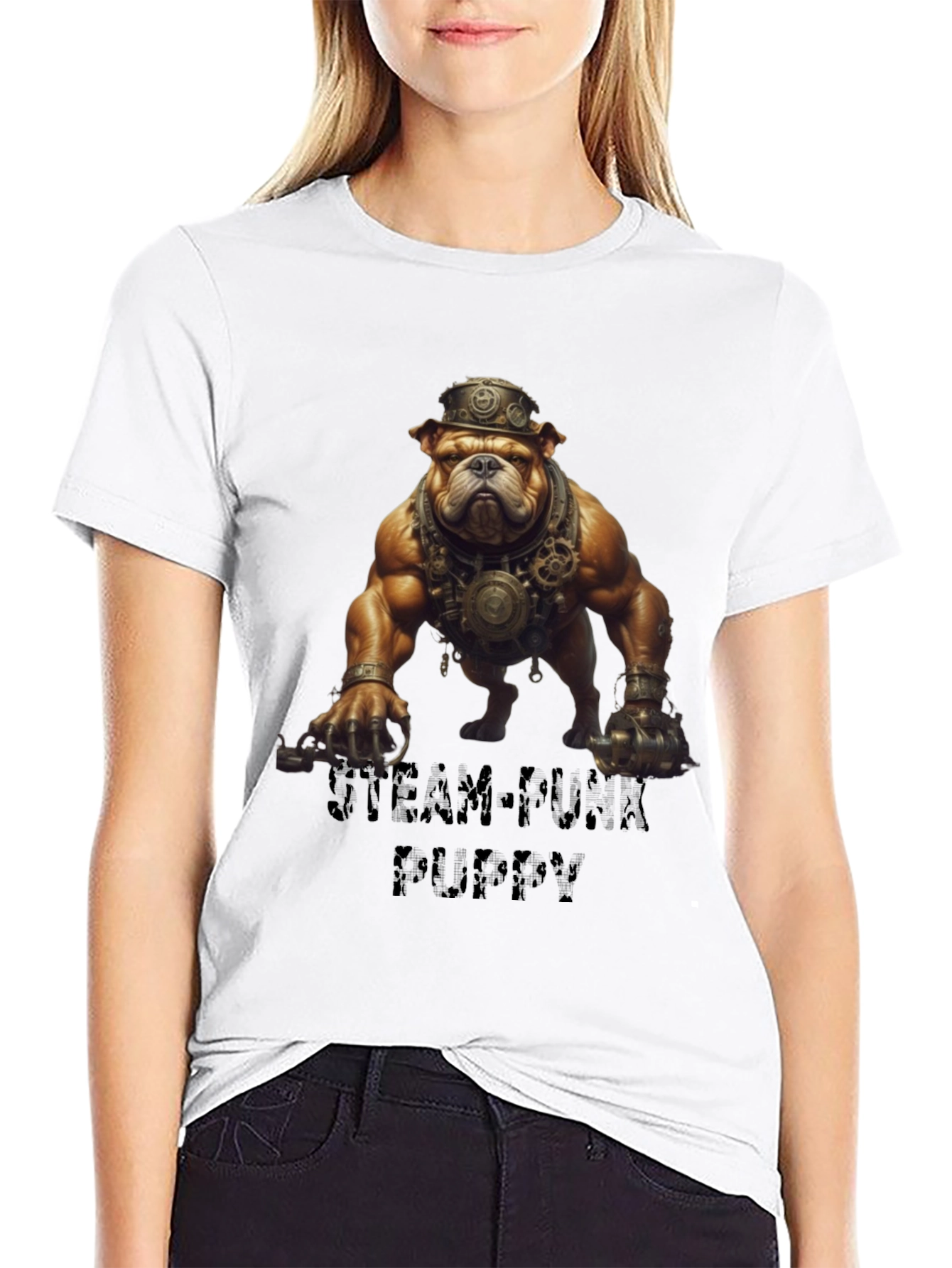 Black Steampunk Bulldog Graphic T-Shirt view 9