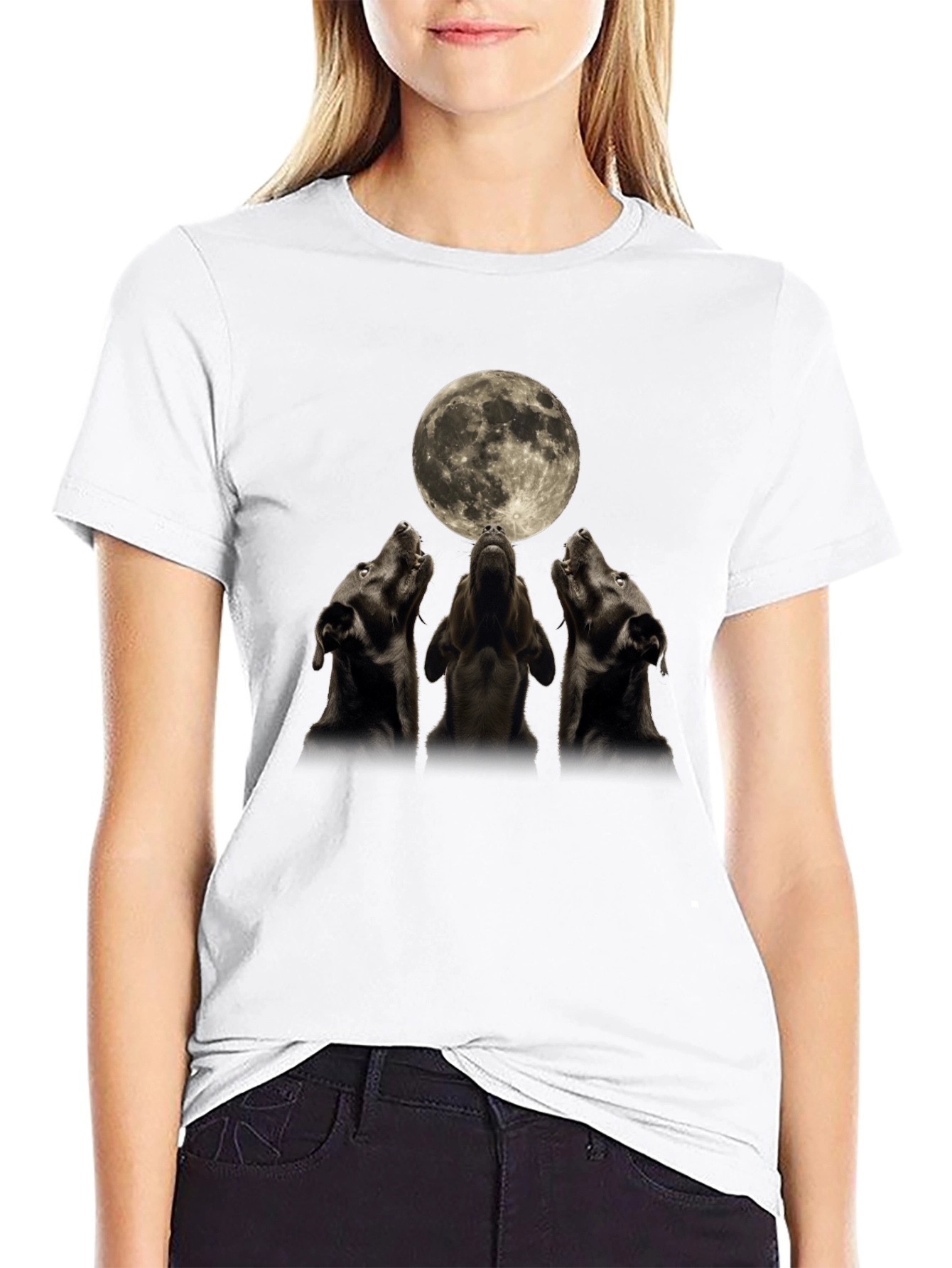 Black Three Dogs Howling at the Moon T-Shirt view 9