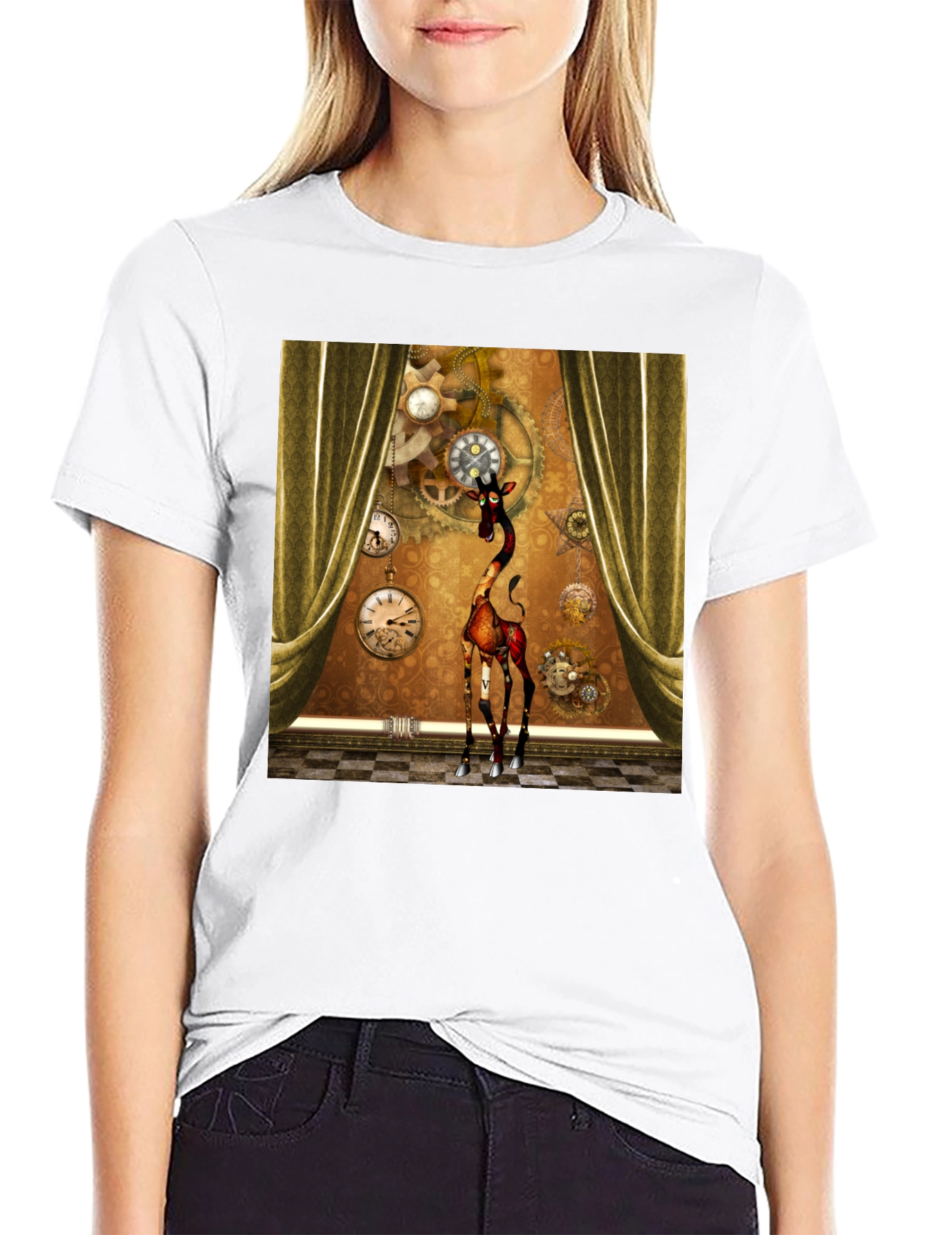 Black Steampunk Giraffe T-Shirt: Time Traveler's Style view 9