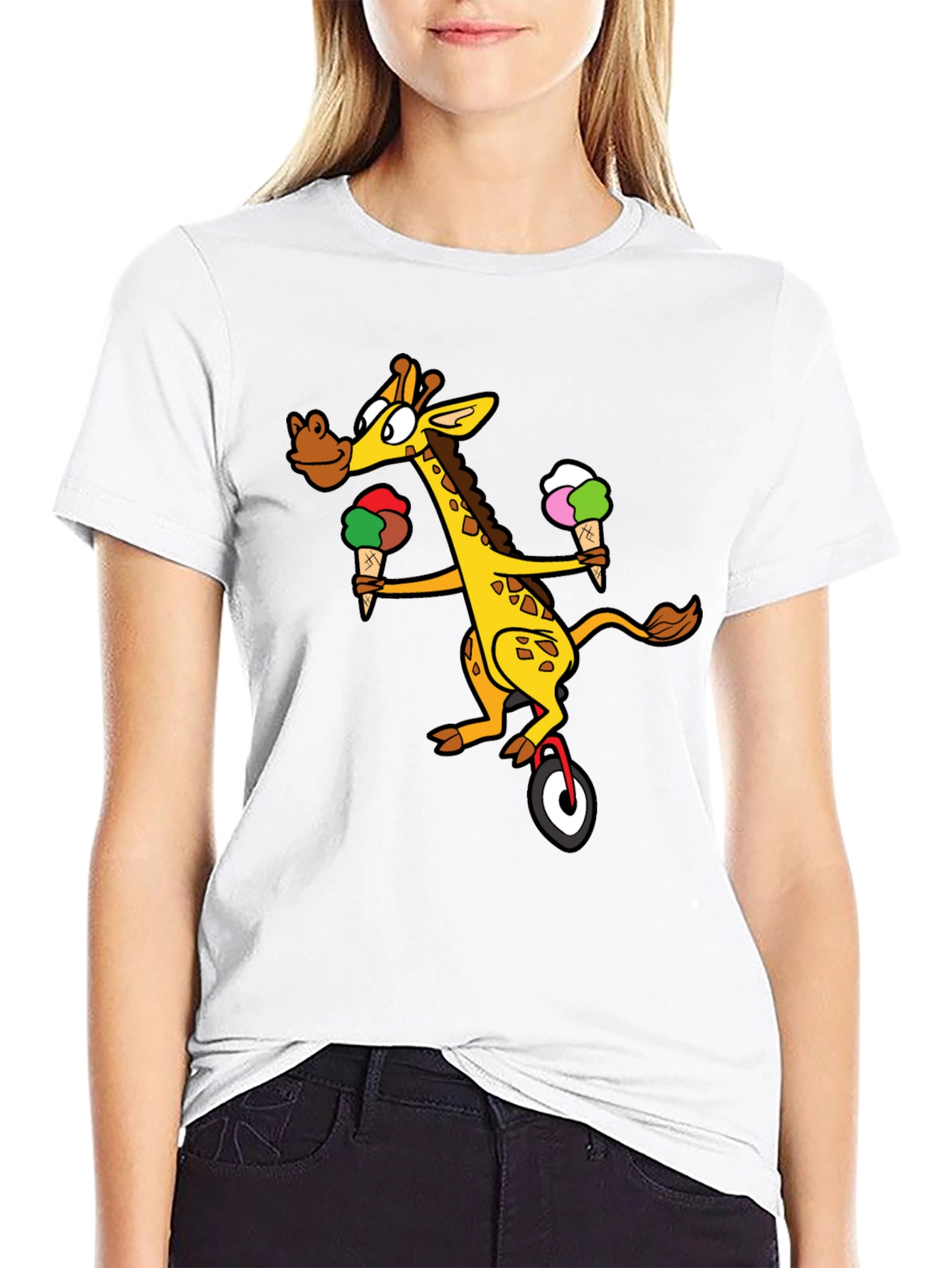 Black Giraffe Unicycle Ice Cream T-Shirt - Quirky Graphic Tee view 9