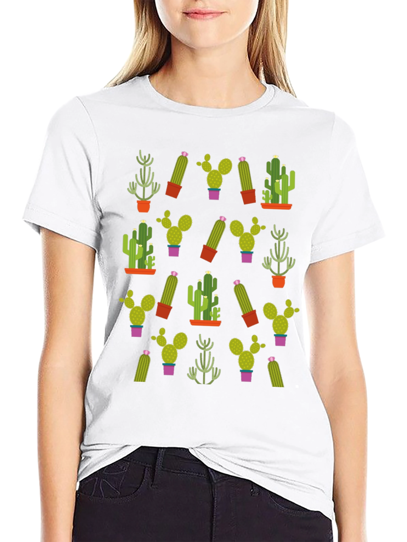 Black Cactus Pattern T-Shirt - Unique Plant Design view 9