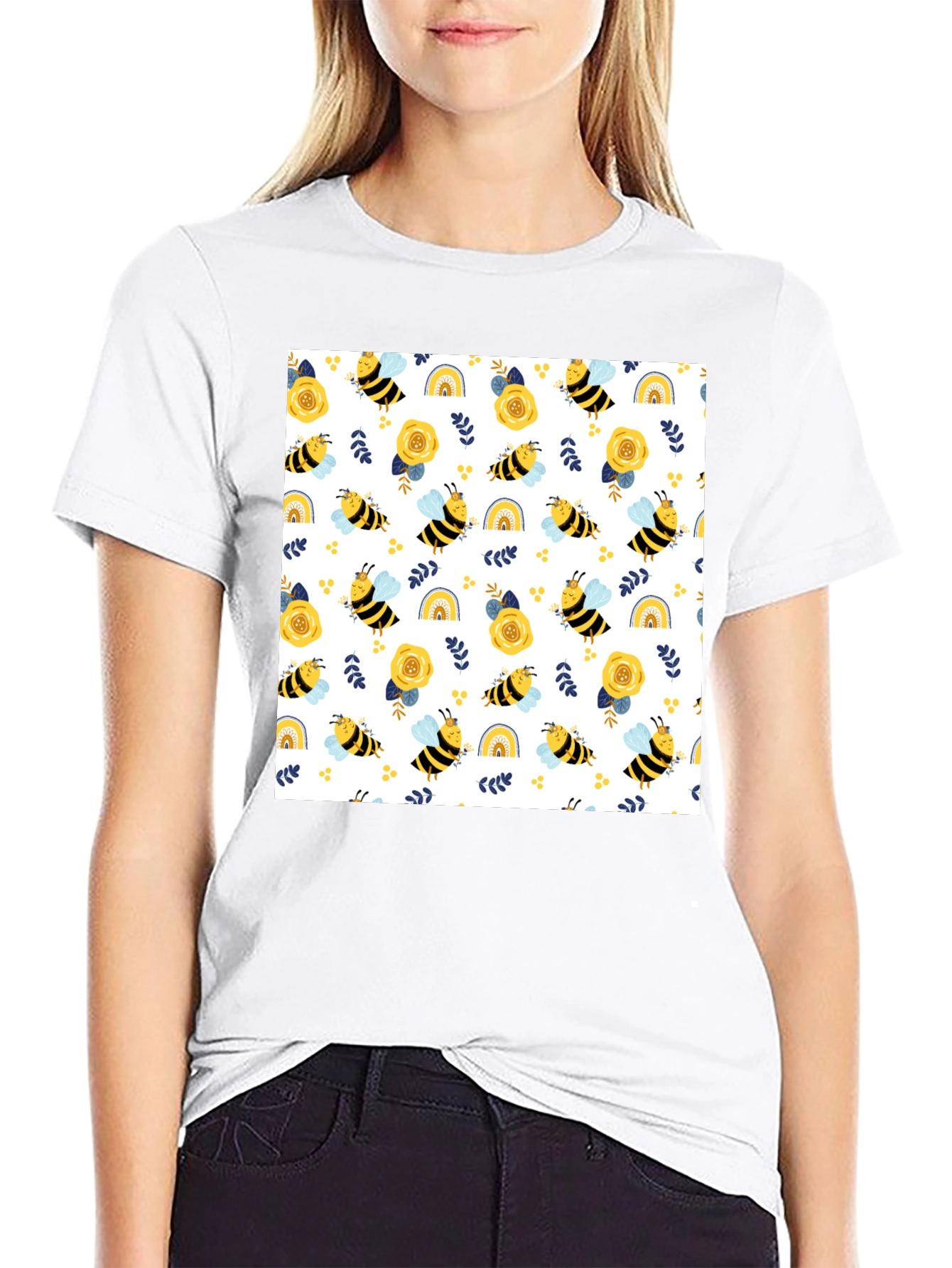 Black Honey Bee Pattern T-Shirt view 9