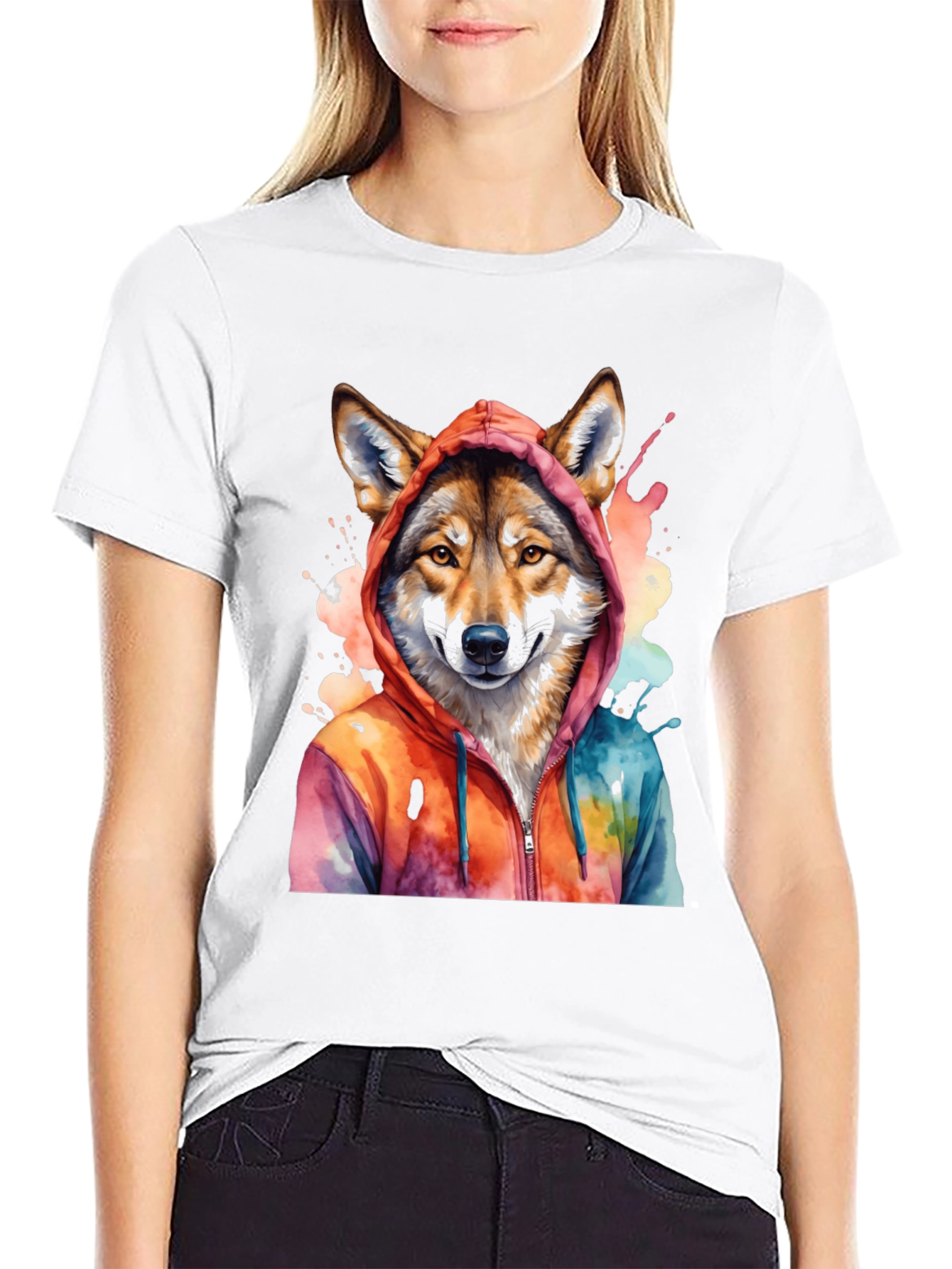 Black Watercolor Wolf Hoodie Graphic Tee view 9