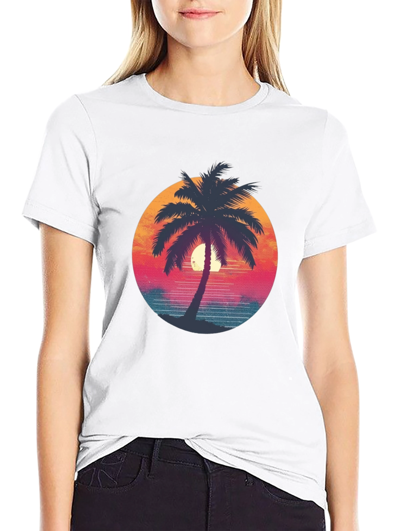 Black Retro Palm Tree Graphic Tee - Black Cotton T-Shirt view 9