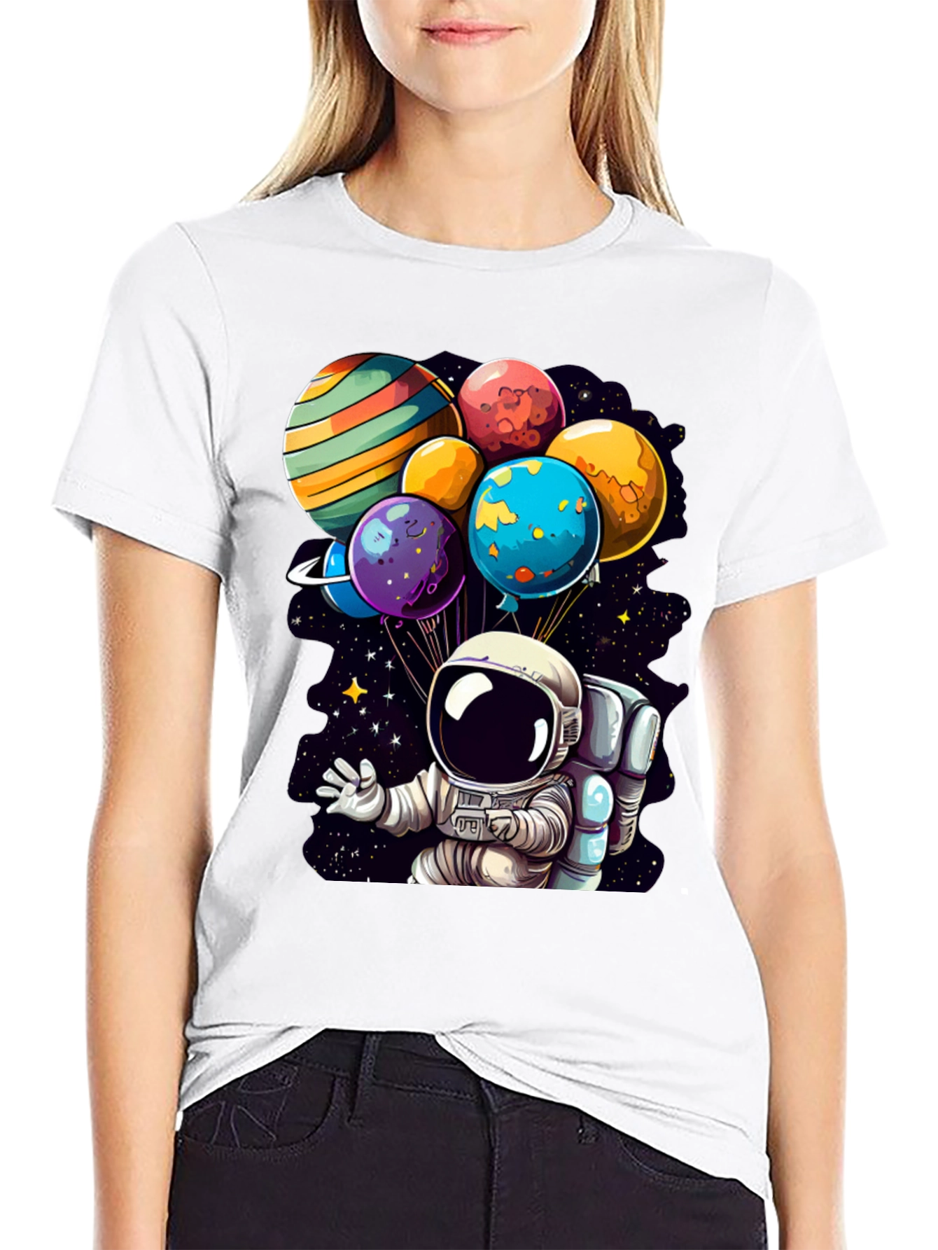 Black Astronaut Planet Balloons Graphic Tee view 9